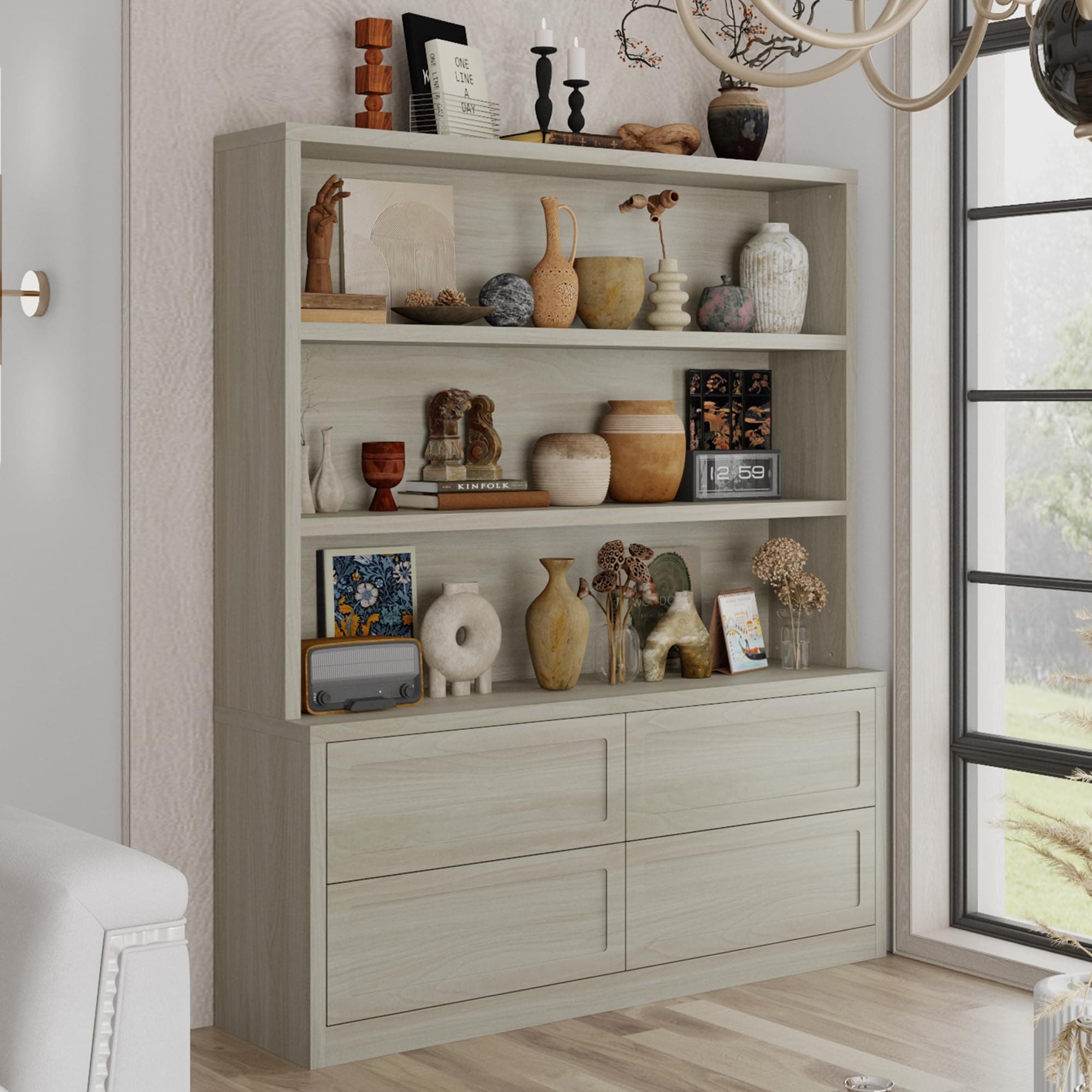 Homsee Grey 3-Tier Drawer Bookshelf, Wooden Display Cabinet, 11.8" D x 63" W