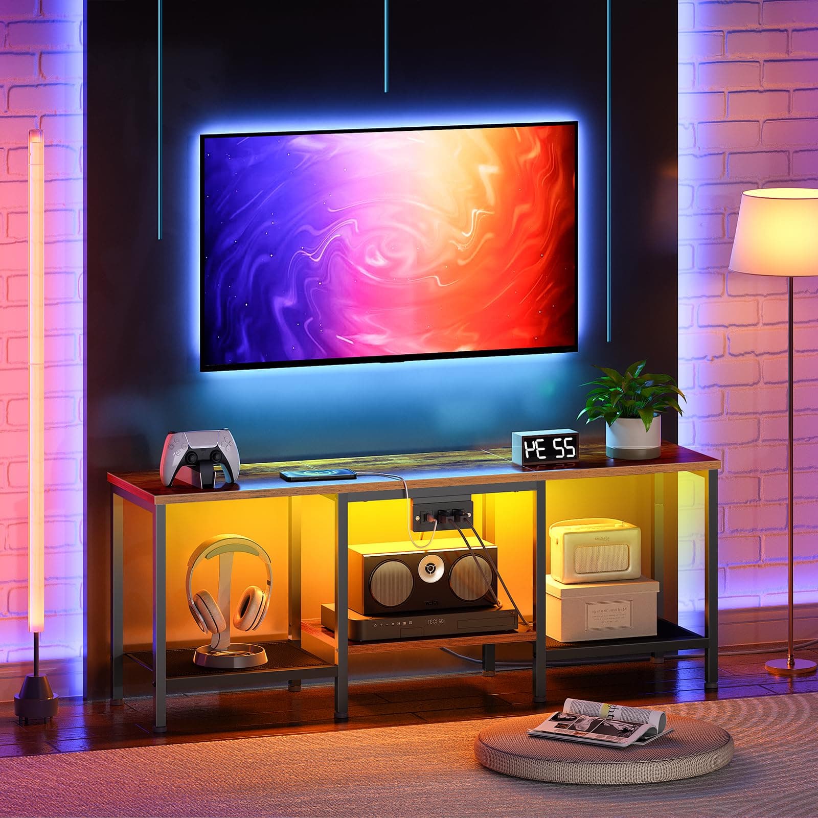 HOOBRO 55 Inch TV Stand with Charging, LED Entertainment Center, Rustic Brown
