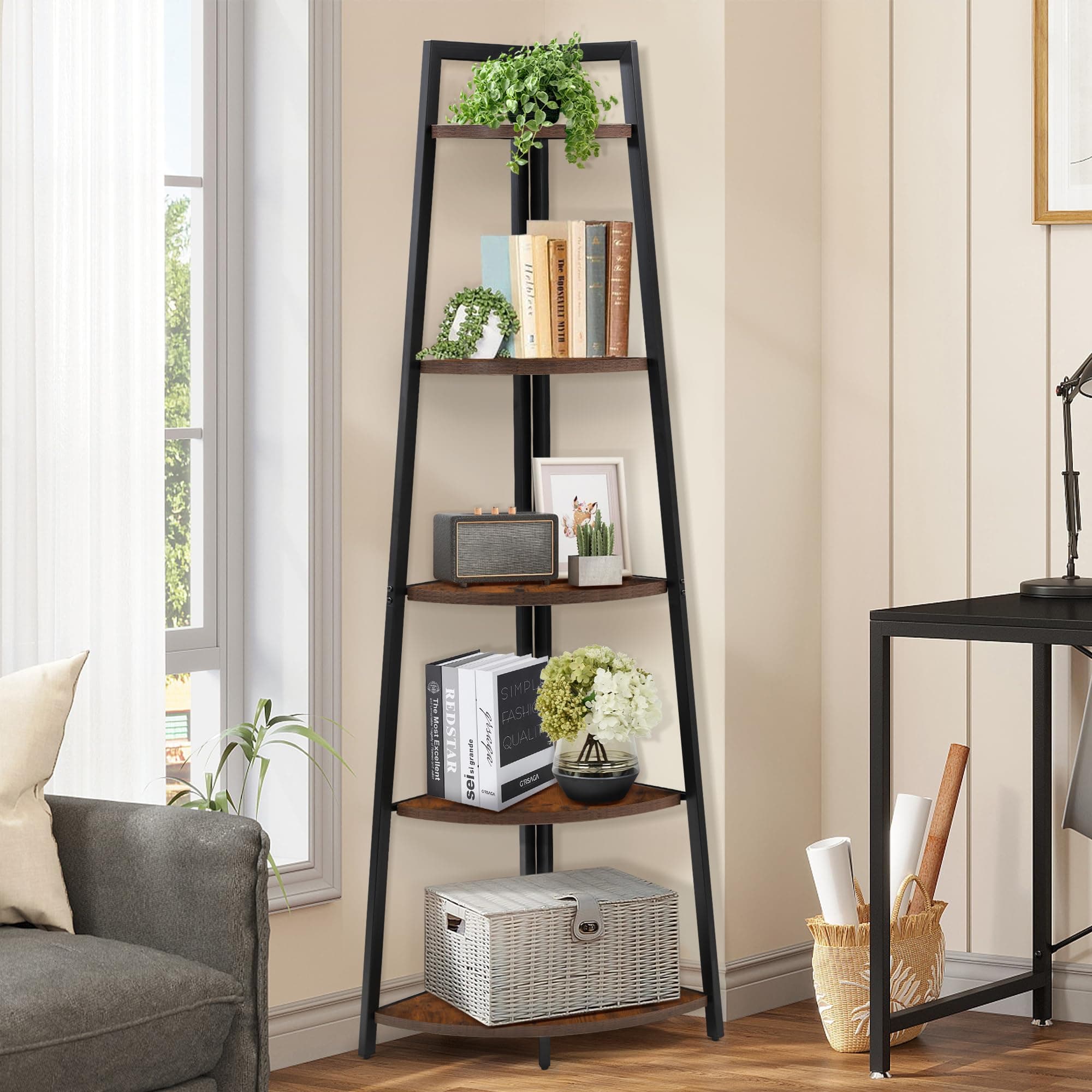 70" Tall Rustic Brown 5 Tier Corner Shelf for Books, Plants, Storage
