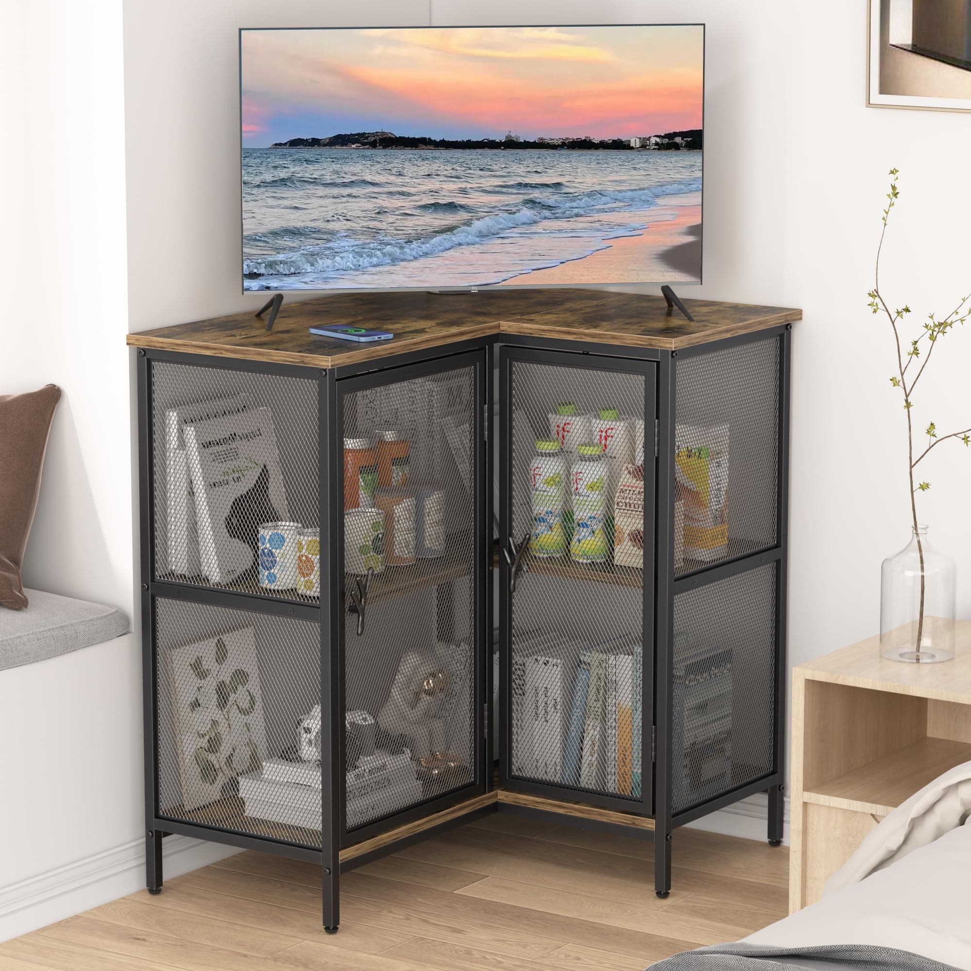 VECELO 40-Inch Corner TV Stand with Storage Shelves - Farmhouse Entertainment Center for Living Room and Bedroom, Brown