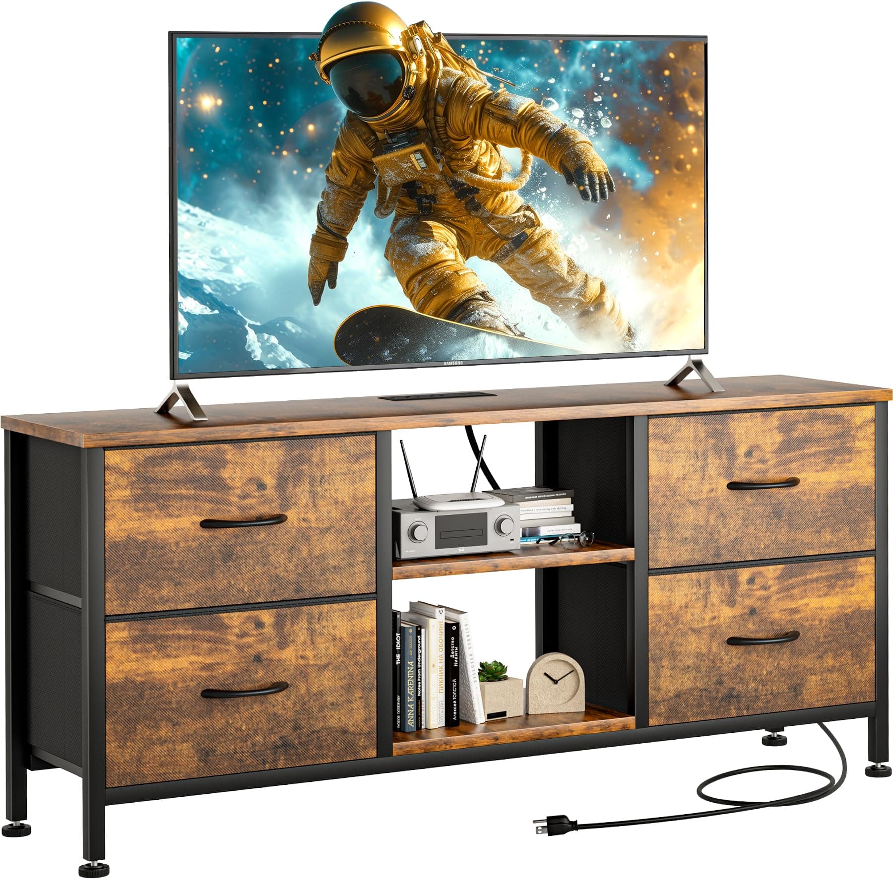 Rustic Brown TV Stand with Power Outlet and Drawer Storage for 50 TVs