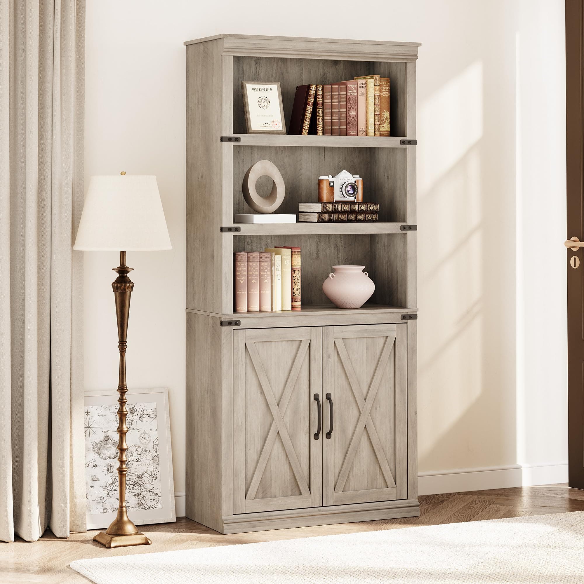 GAOMON 5 Tier Farmhouse Bookcase with Doors, 70 inch Tall Storage Cabinet