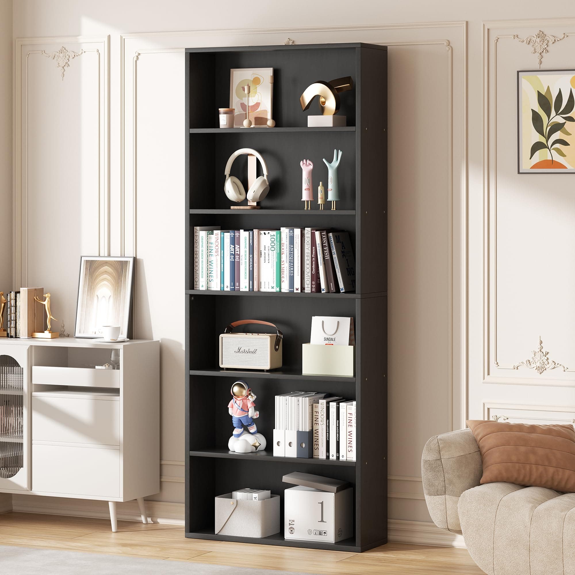 Vongrasig 6-Tier Black Floor Standing Wood Bookcase 71" Tall Home Office Living Room Bed Room Decor