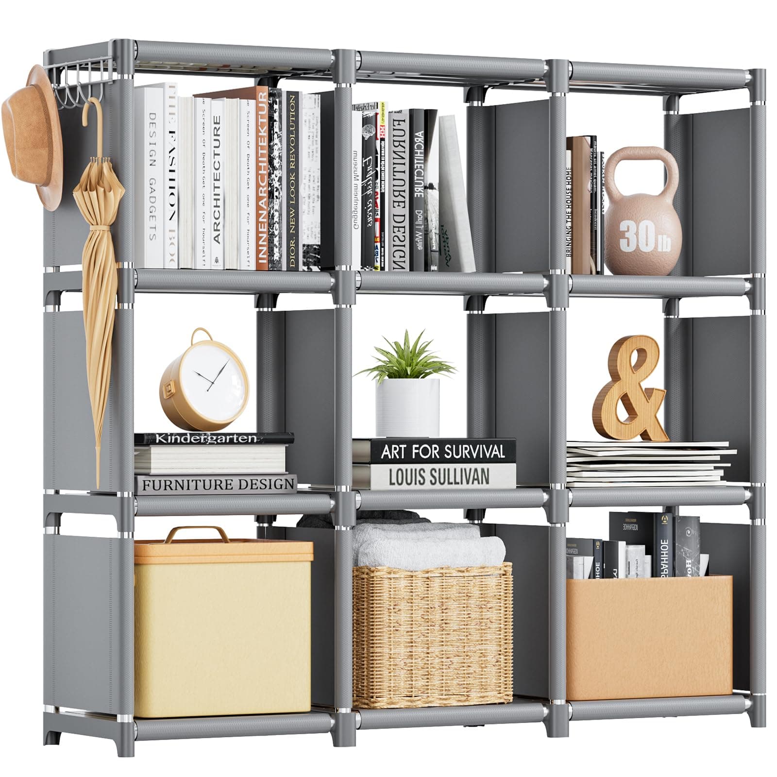 Mavivegue 9 Cube Metal Bookshelf, Grey Storage Organizer for Bedroom and Office