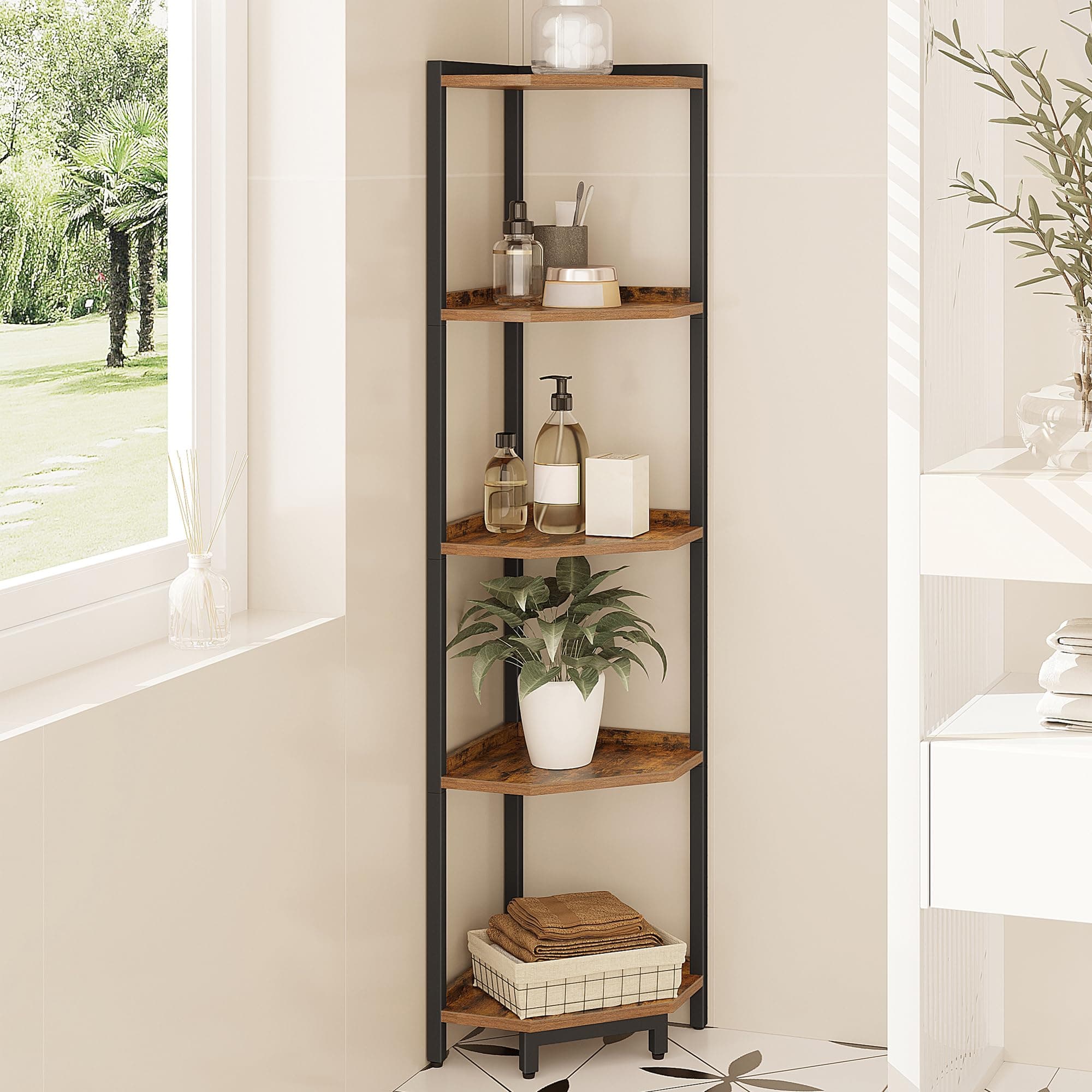 Rustic Brown 5-Tier Corner Shelf Stand, Storage Bookcase for Living Room, Home Office, Bedroom