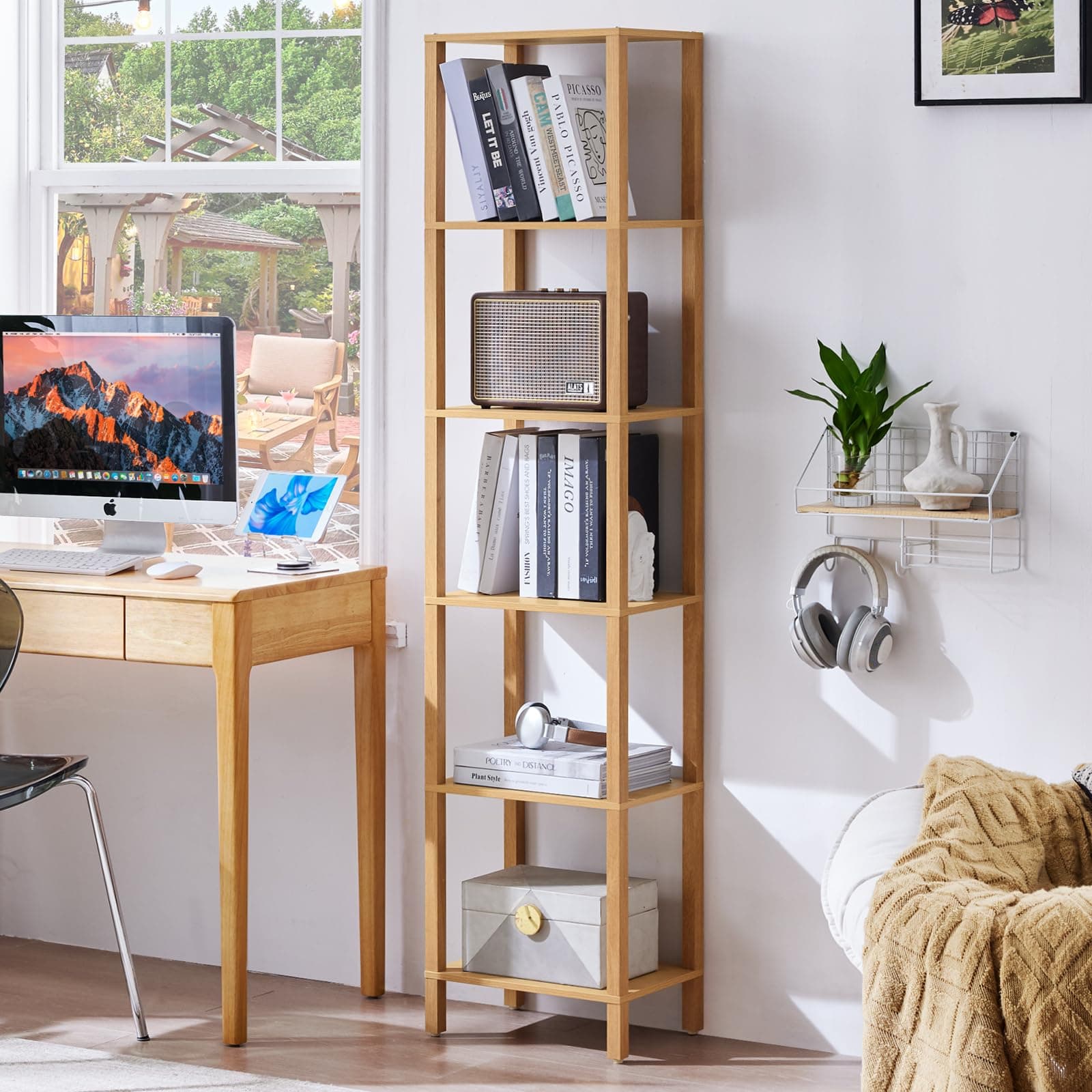 66in Tall Narrow Bookshelf with Storage, Farmhouse Style, Wood Display Shelf for Living Room, Natural Wood