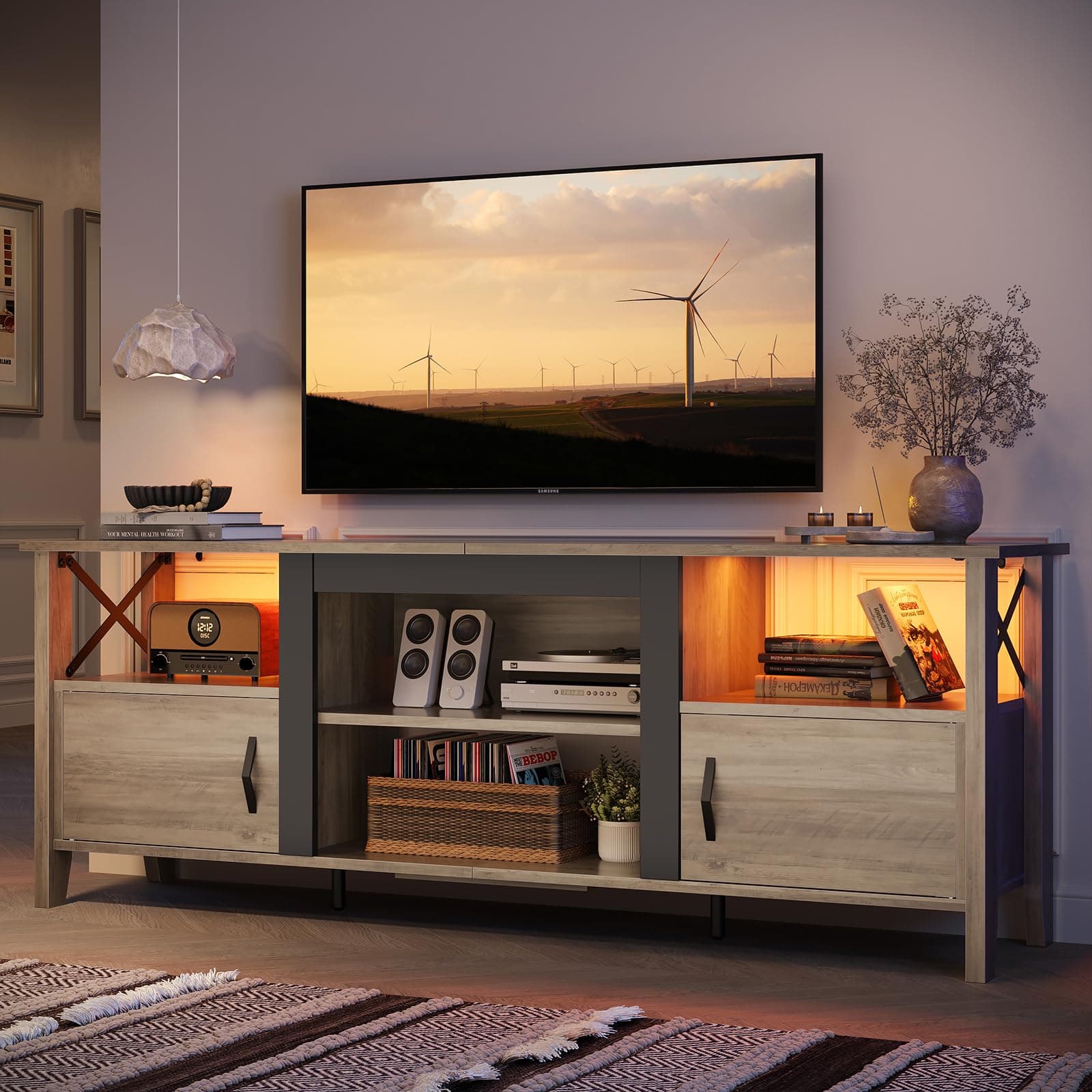 Bestier 63" Grey Wash Farmhouse TV Stand with LED Lights and Storage
