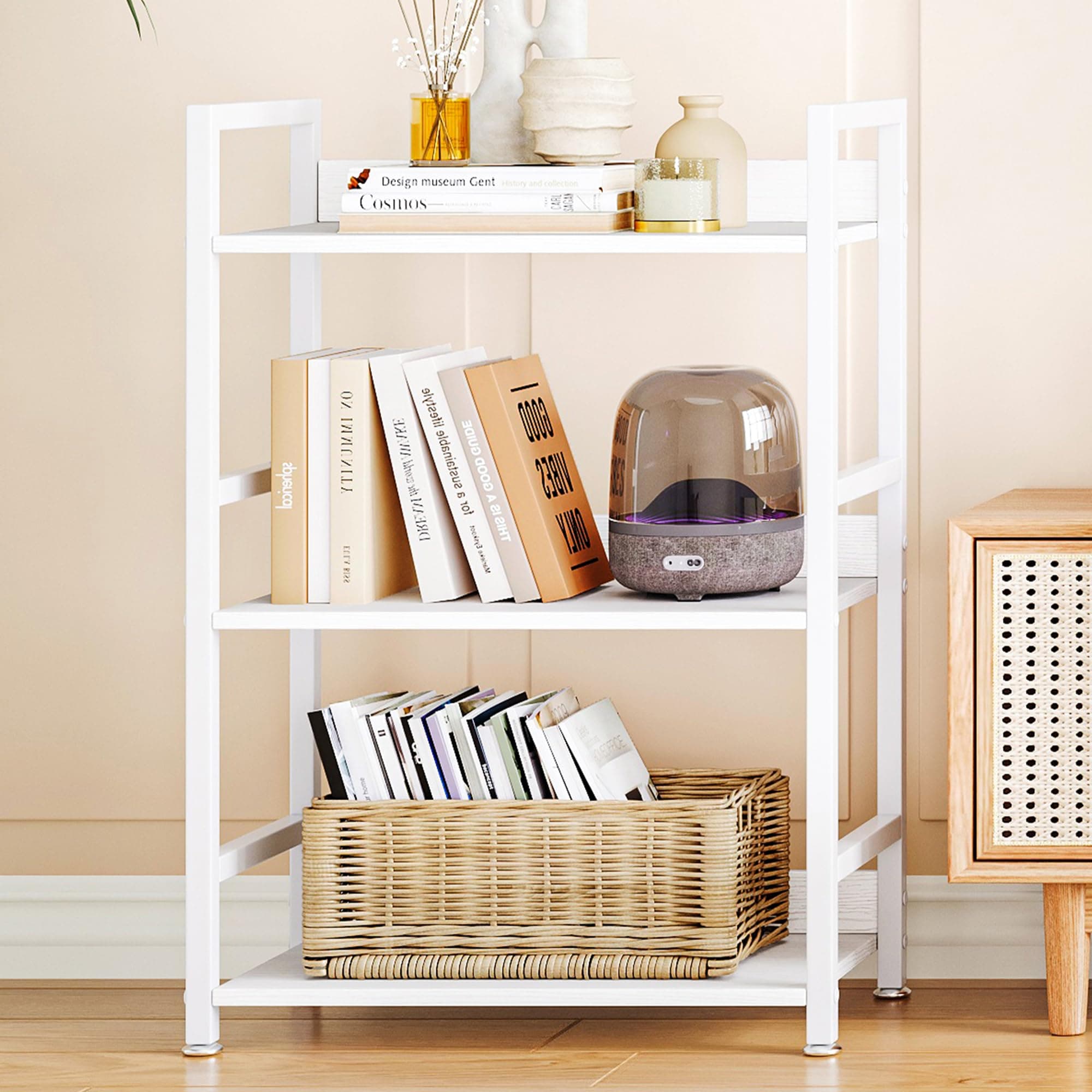 Rustic White 3-Tier Bookshelf, 100 lb Capacity, Small Space Storage