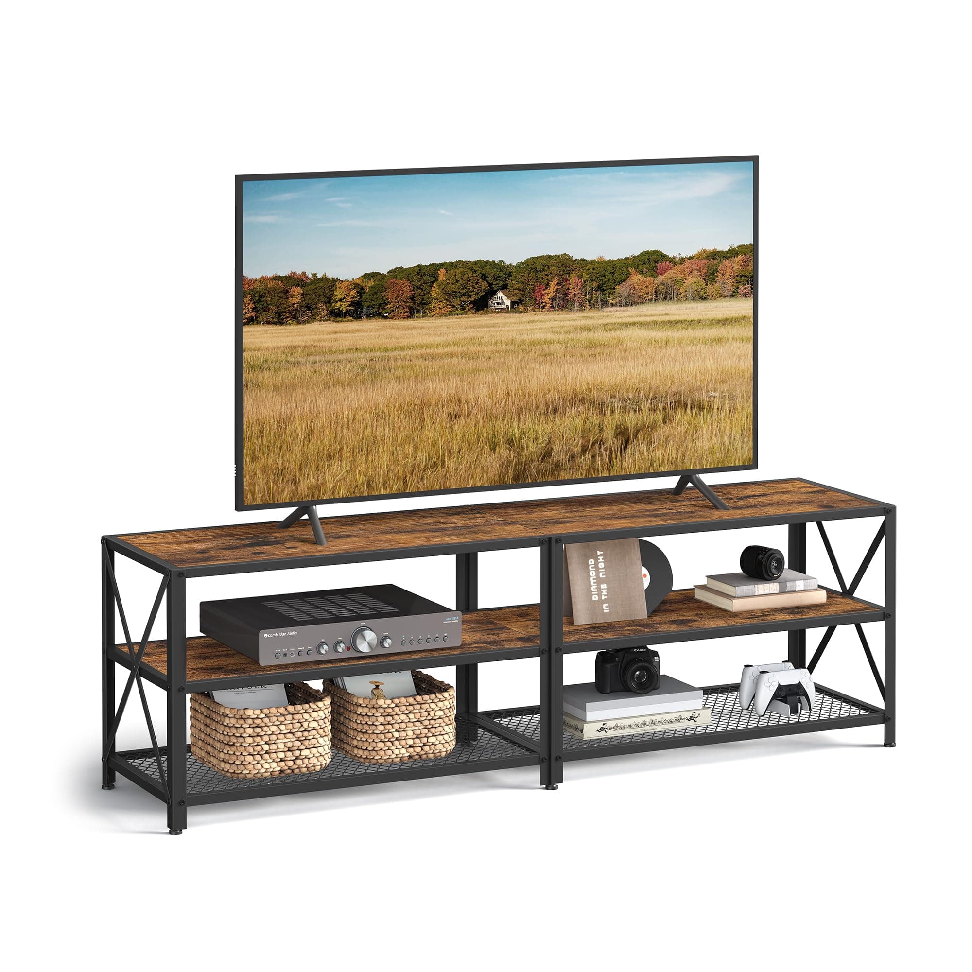VASAGLE 3-Tier TV Stand, Up to 70 Inches, Industrial Style, Rustic Brown and Black