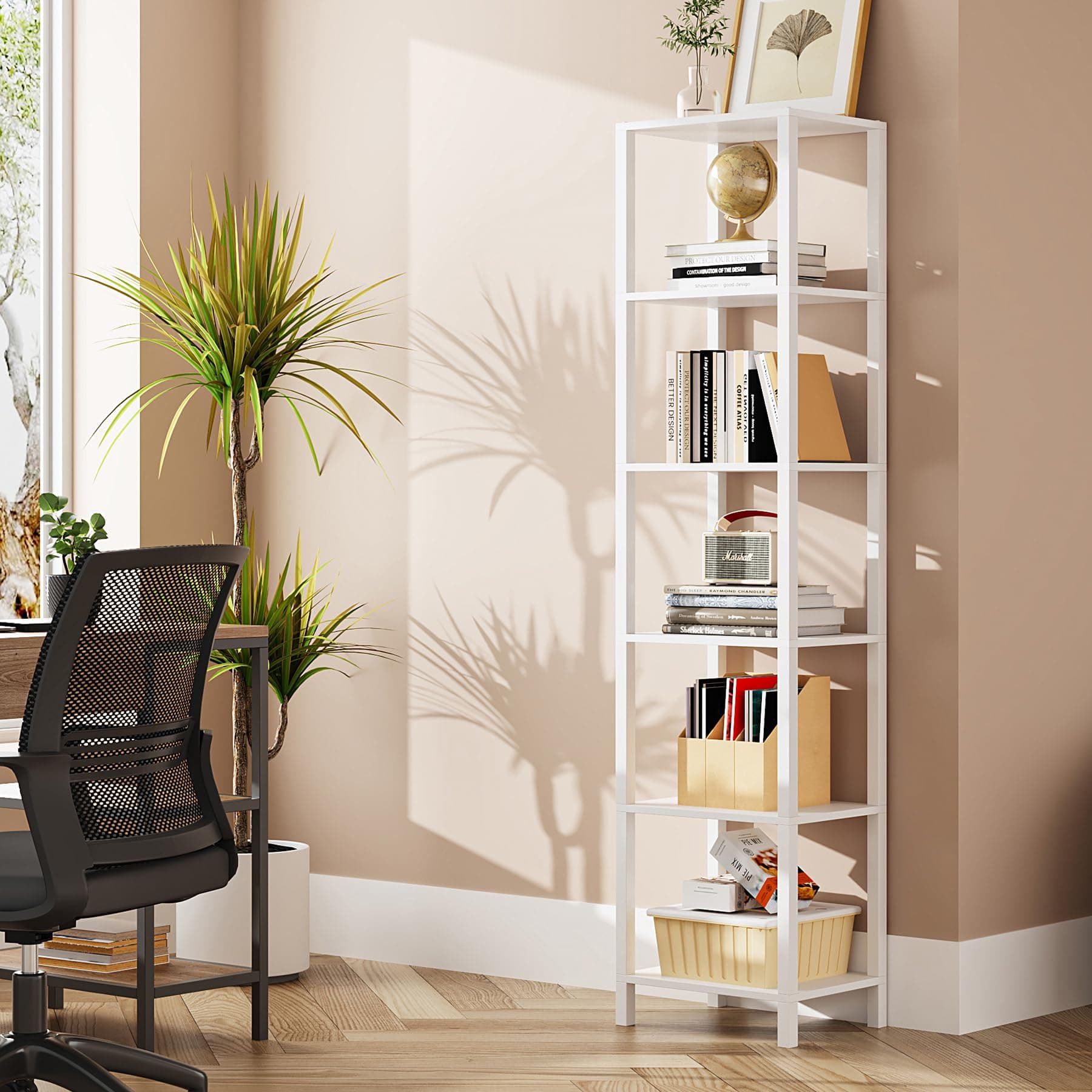 TUTOTAK 6-Tier Tall Narrow Bookshelf, White BS01BW006