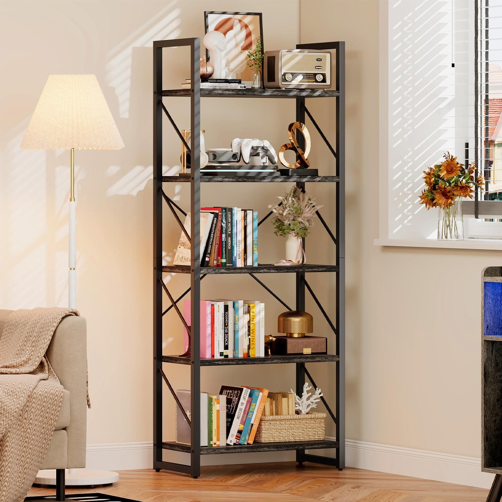 DWVO 5 Tier Charcoal Gray Industrial Bookshelf for Bedroom, Living Room, and Office