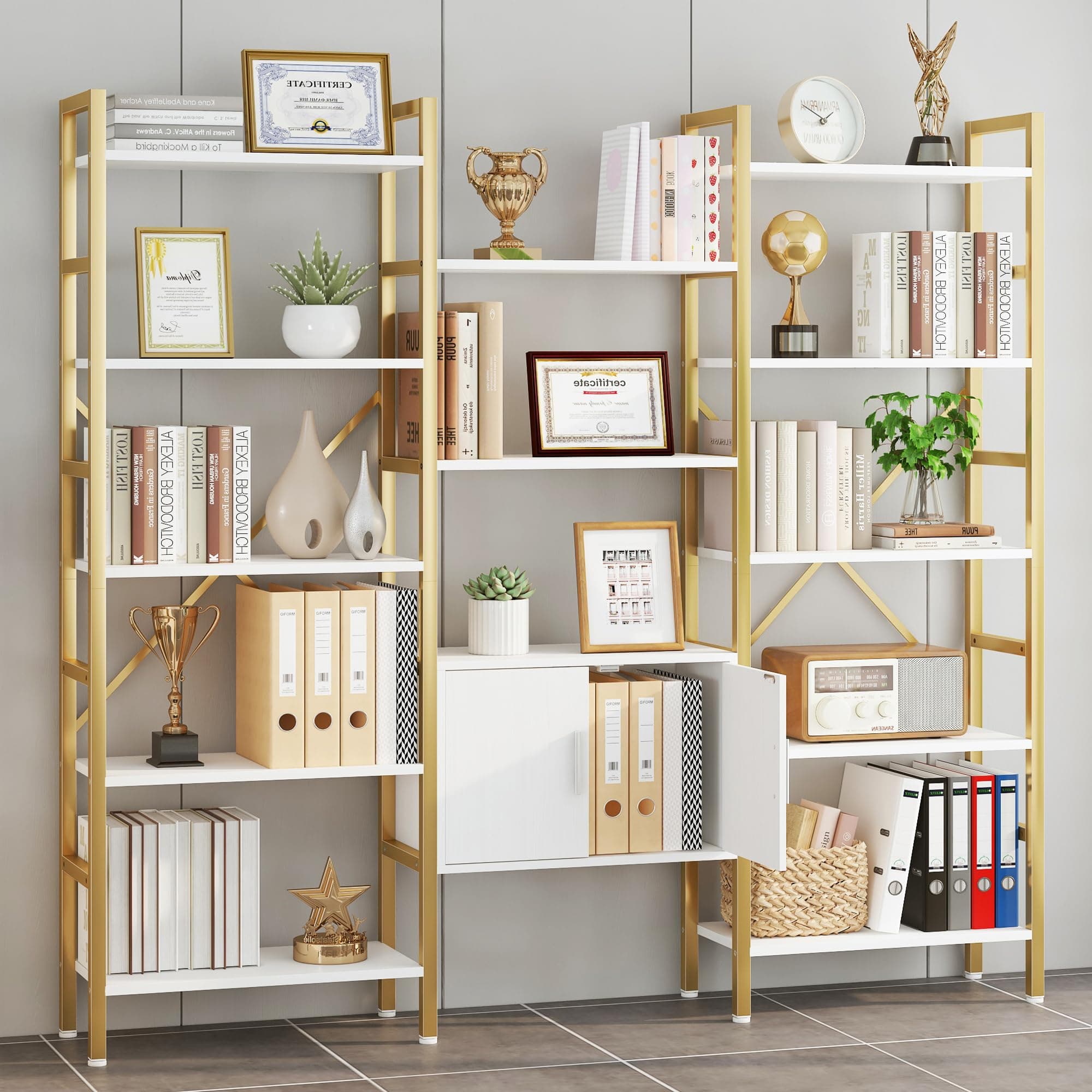 Yusong Industrial White & Gold Triple Wide 5 Tier Bookshelf with Storage