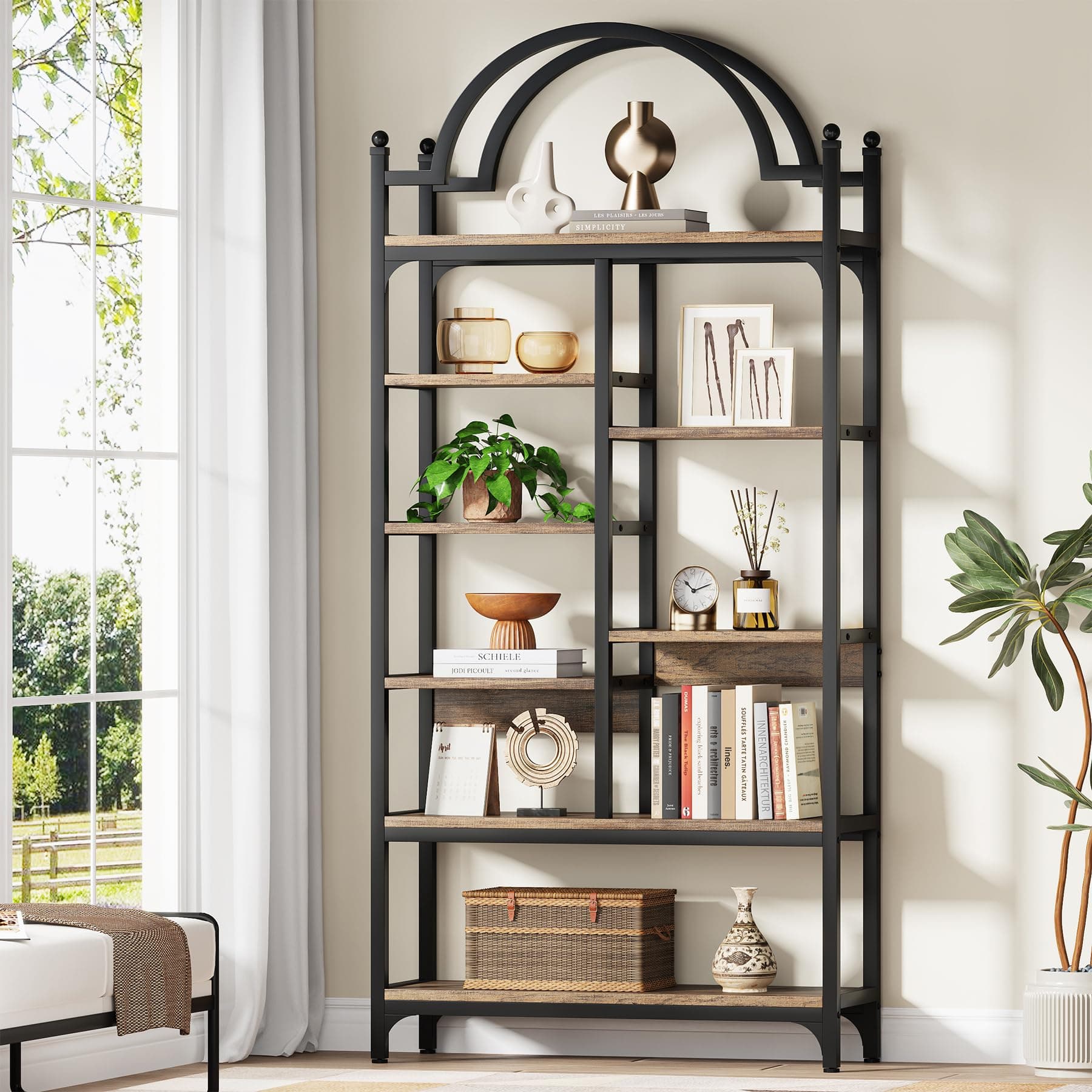 8-Tier Industrial Arched Bookshelf, 71 Inch Tall, Rustic Brown, Ideal for Living Room, Bedroom, and Home Office