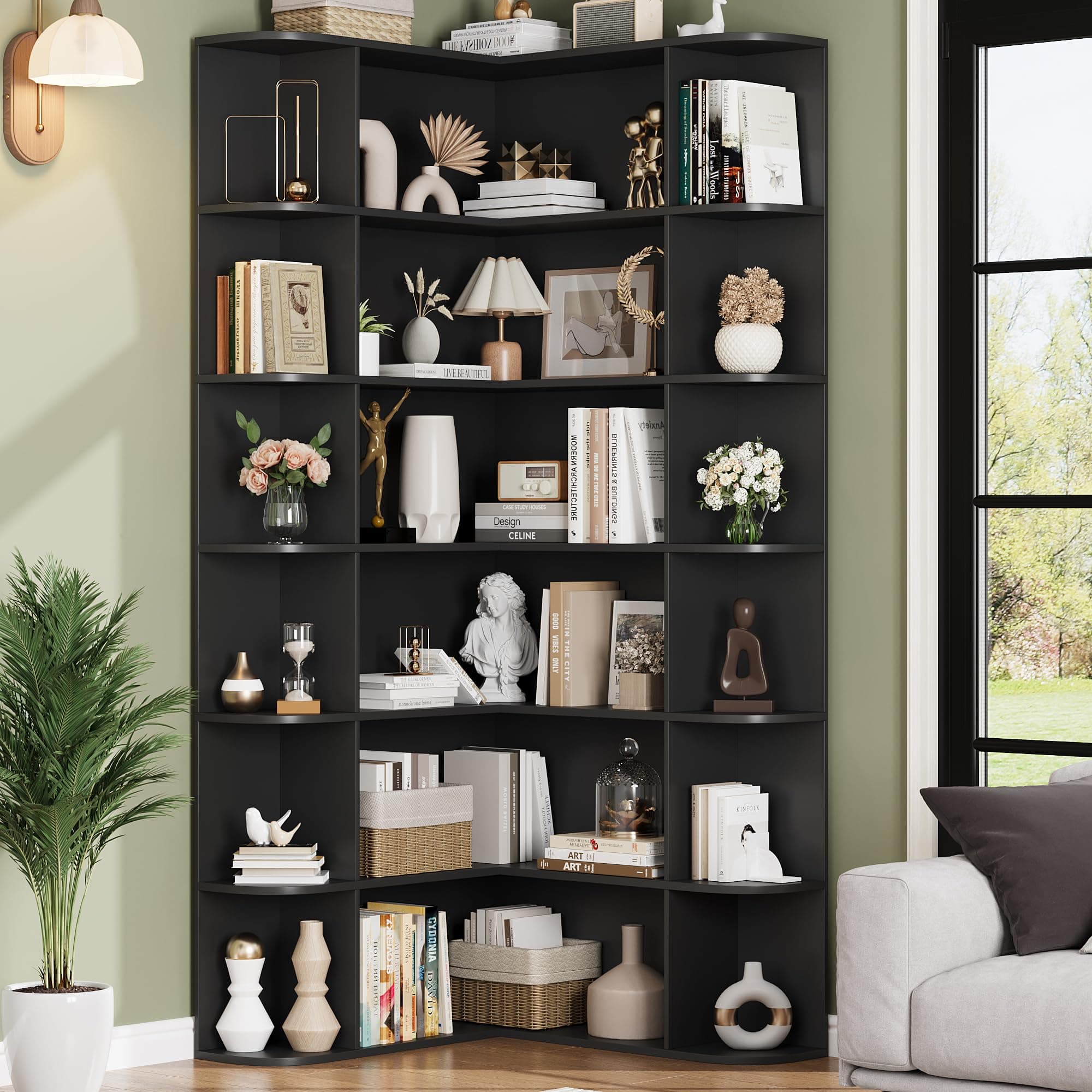 Fotosok 74" L-Shaped Tall Corner Bookshelf, 6-Tier Black Wood Storage