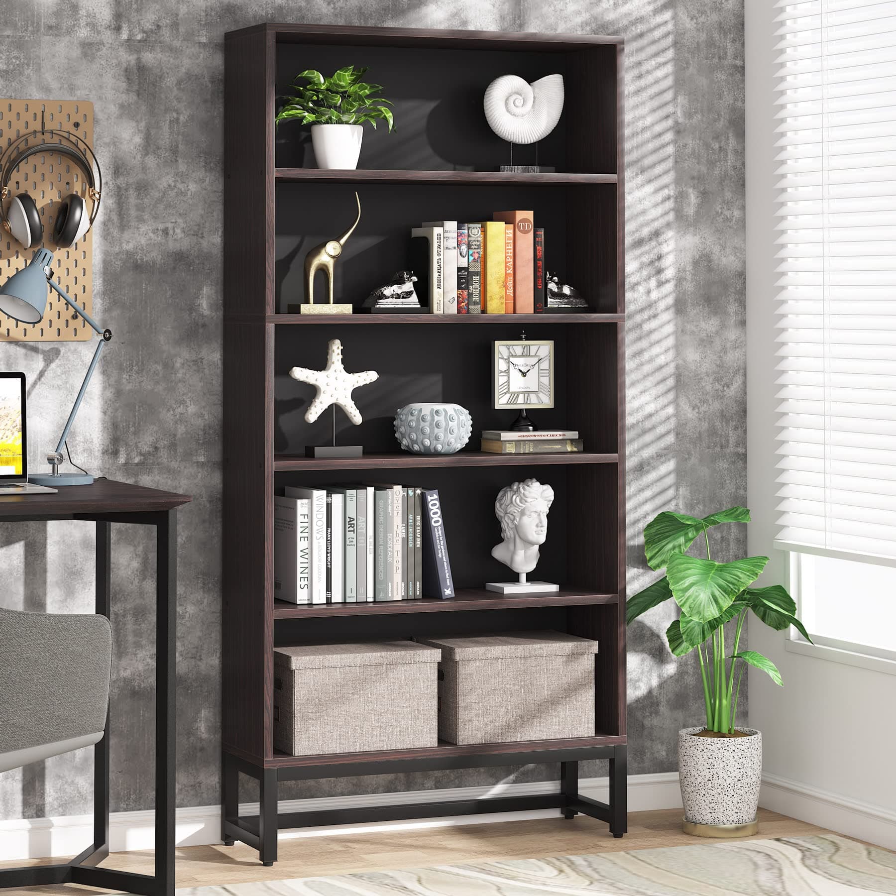 Tribesigns Sandalwood Large 70.8” 5-Tier Bookcase Organizer for Living Room, Bedroom