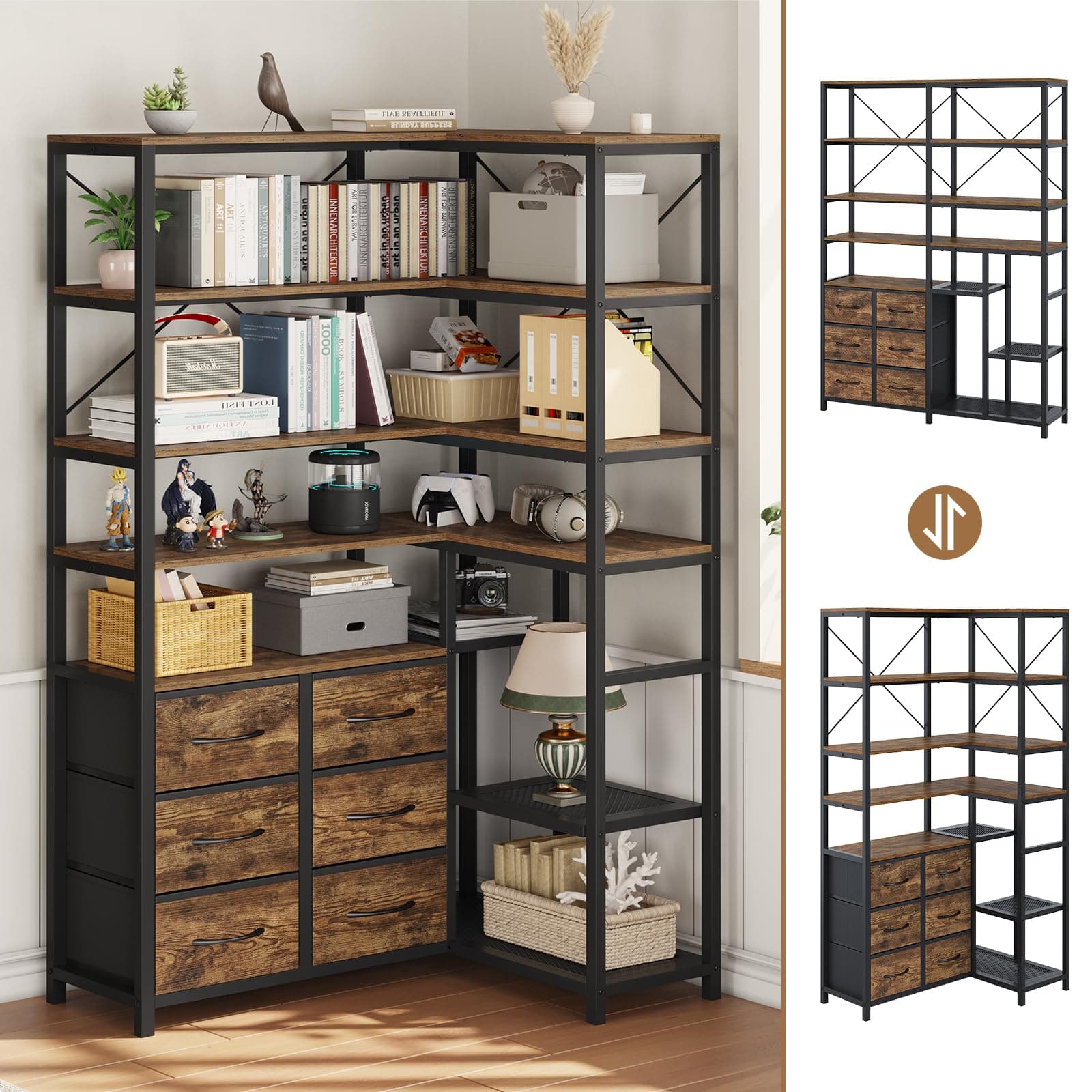 7-Tier Industrial Corner Bookshelf with Fabric Drawers - Rustic Brown