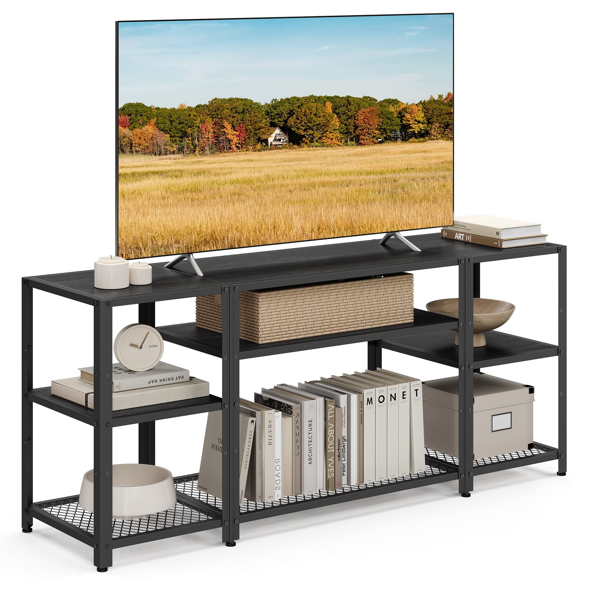 VASAGLE Black 65 Inch TV Stand with Open Shelves for Living Room Entertainment