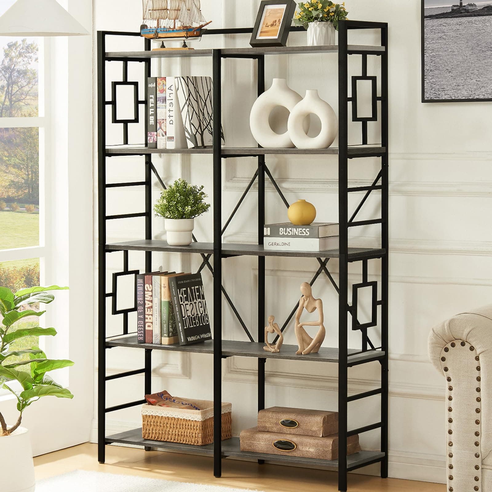 Industrial Double Wide 5 Tier Bookshelf for Home and Office Display