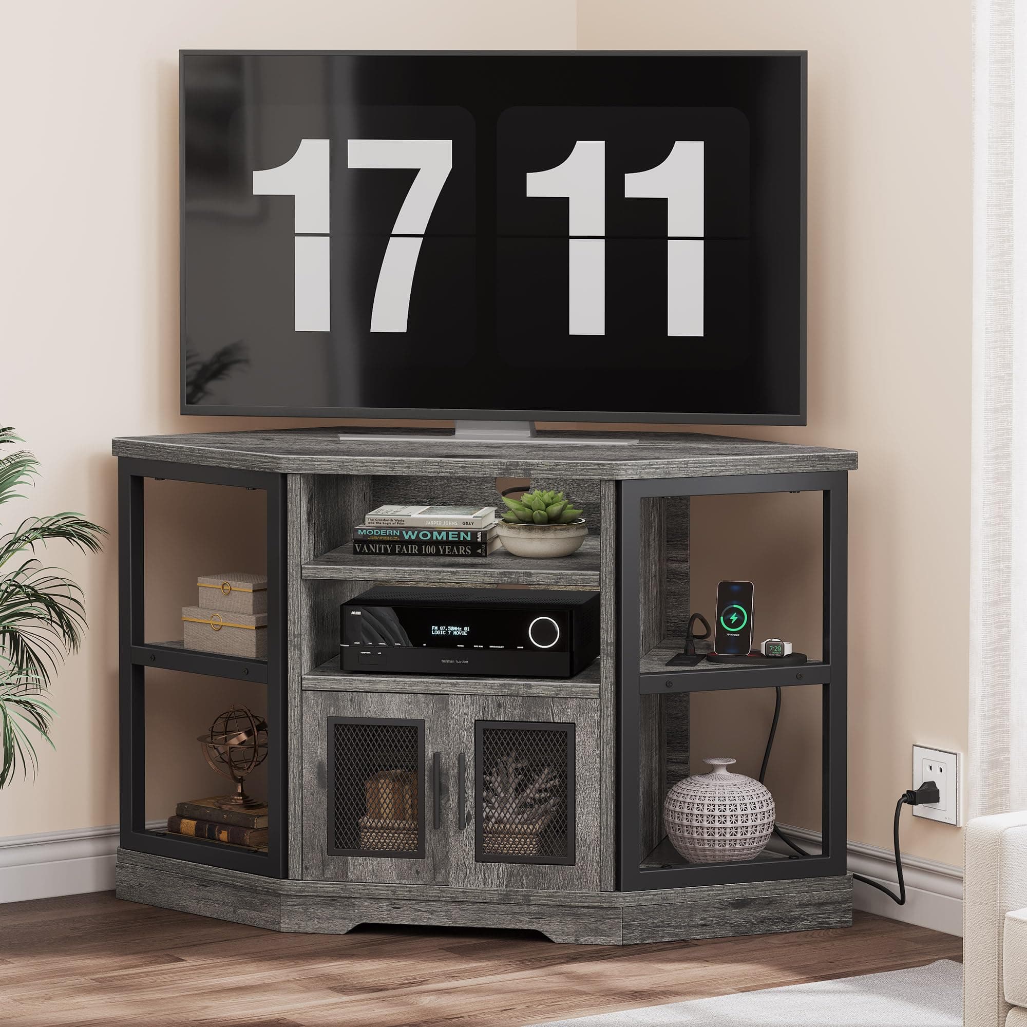 55/50 Inch Farmhouse TV Stand with Power Outlet and Storage