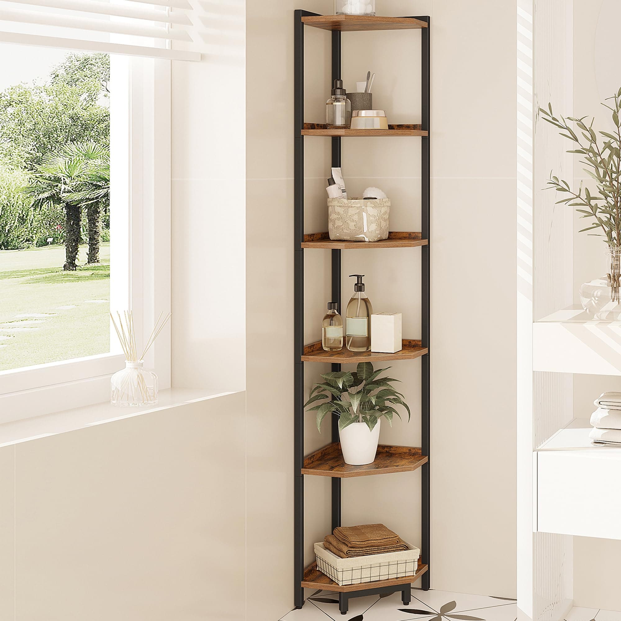 6-Tier Rustic Brown Corner Shelf Stand for Living Room, Home Office, Bedroom (CS06001B)