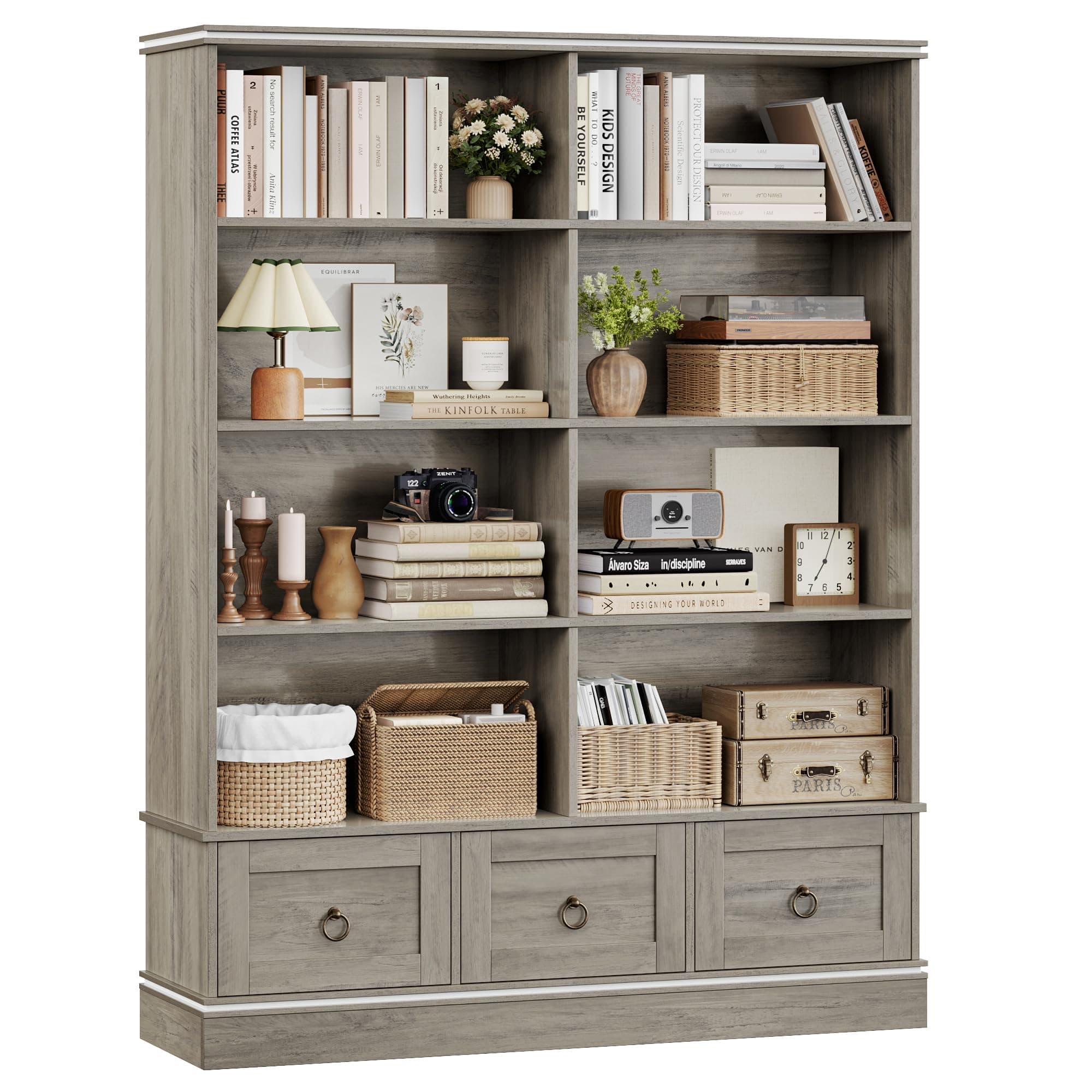 HOSTACK Farmhouse 47" Wide Bookcase with Drawers & 5 Tier Shelves, 63" Tall Storage UnitAsh Grey