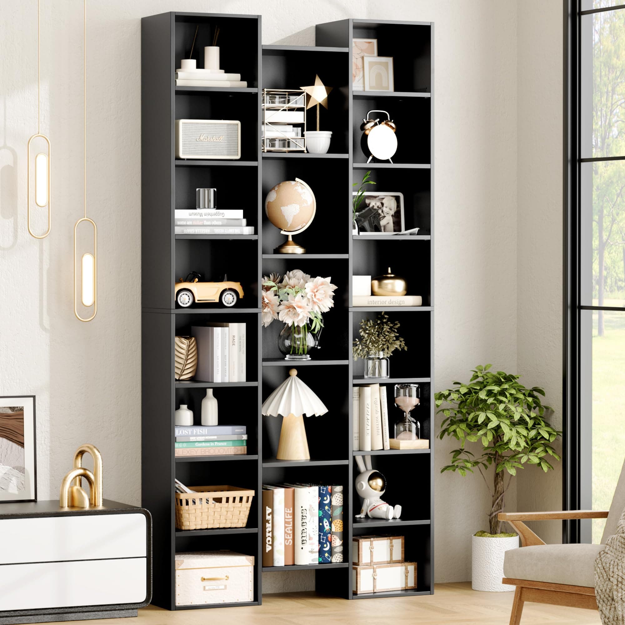 Fotosok 71" Tall Black Bookshelf, 8 Tier Media Storage Rack, Adjustable Shelves, Home Office Organizer