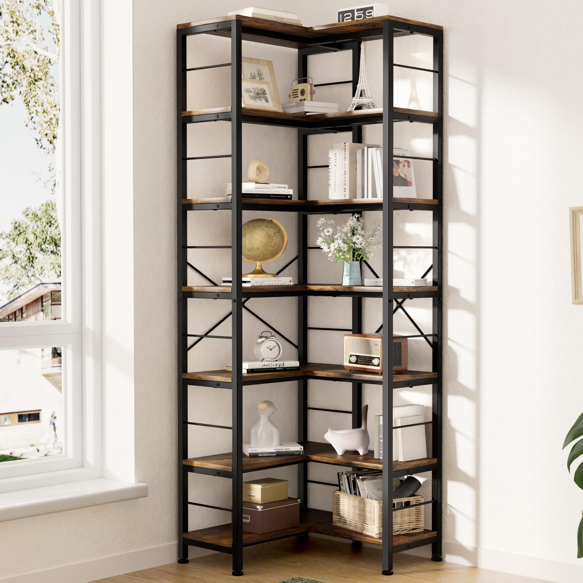 Rustic Brown 7-Tier 80" Tall Industrial L-Shaped Corner Bookcase