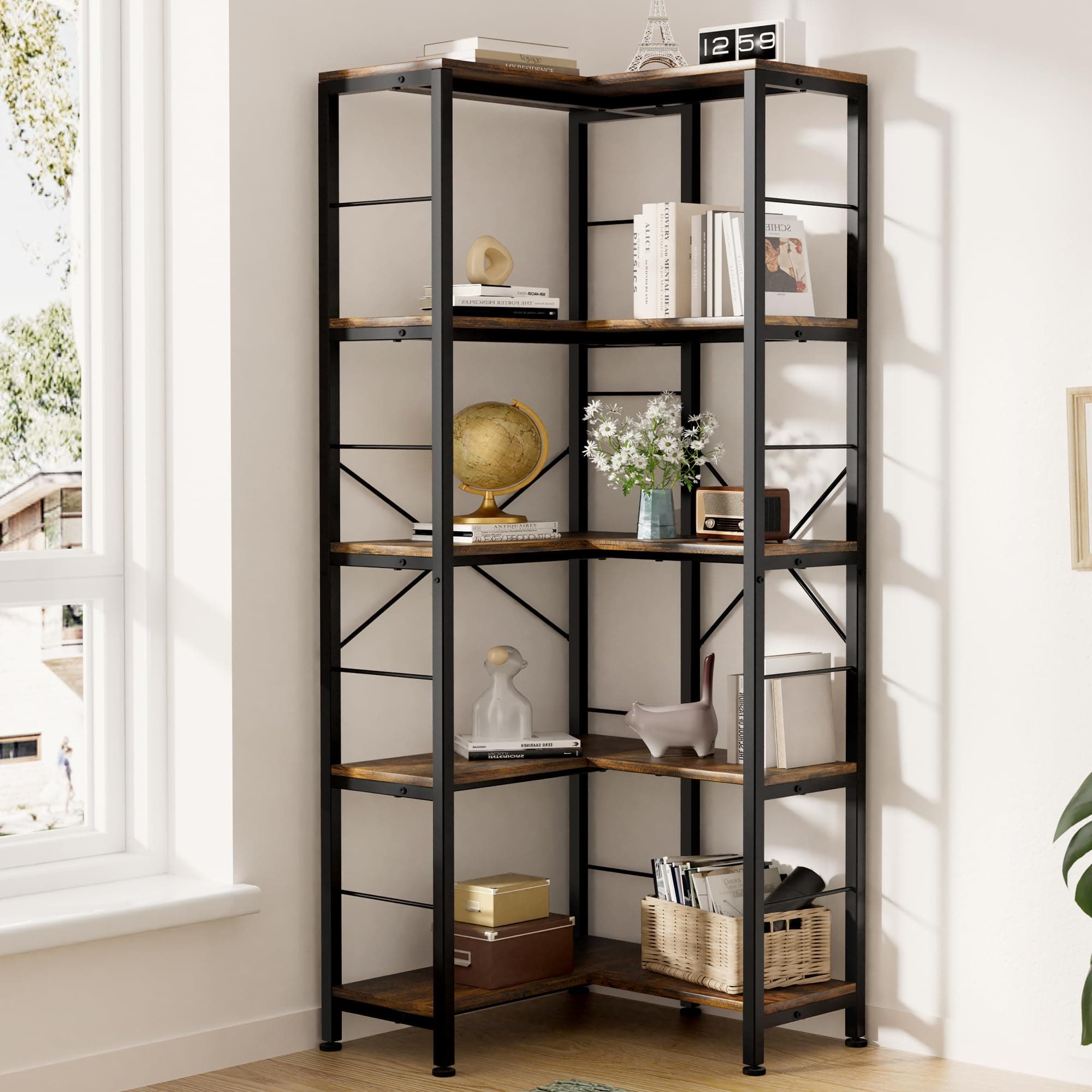 Rustic Brown 5-Tier Industrial L-Shaped Corner Bookshelf, 70.86" Tall