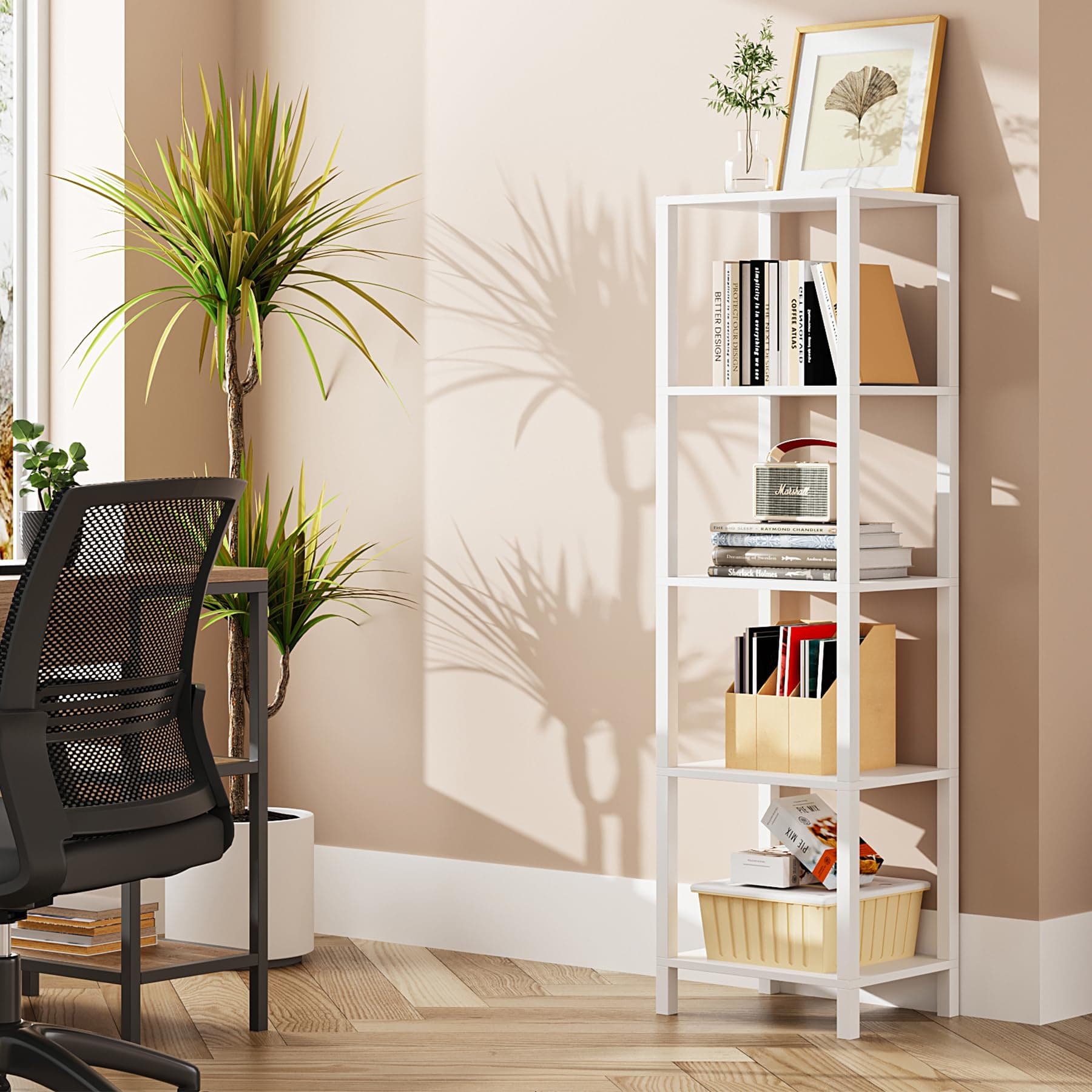 TUTOTAK White 5-Tier Tall Narrow Bookshelf for Small Spaces