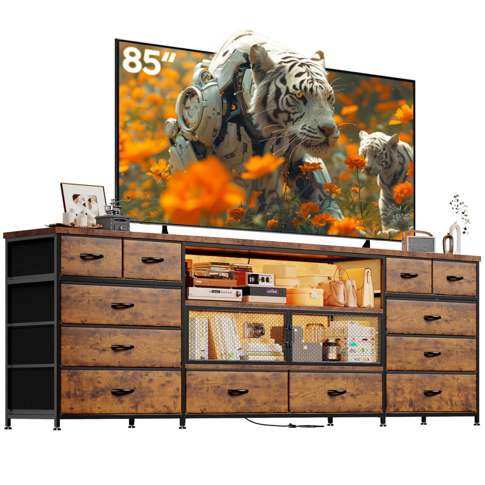 EnHomee Large TV Stand with LED & Charging Station for Bedroom - Rustic Brown