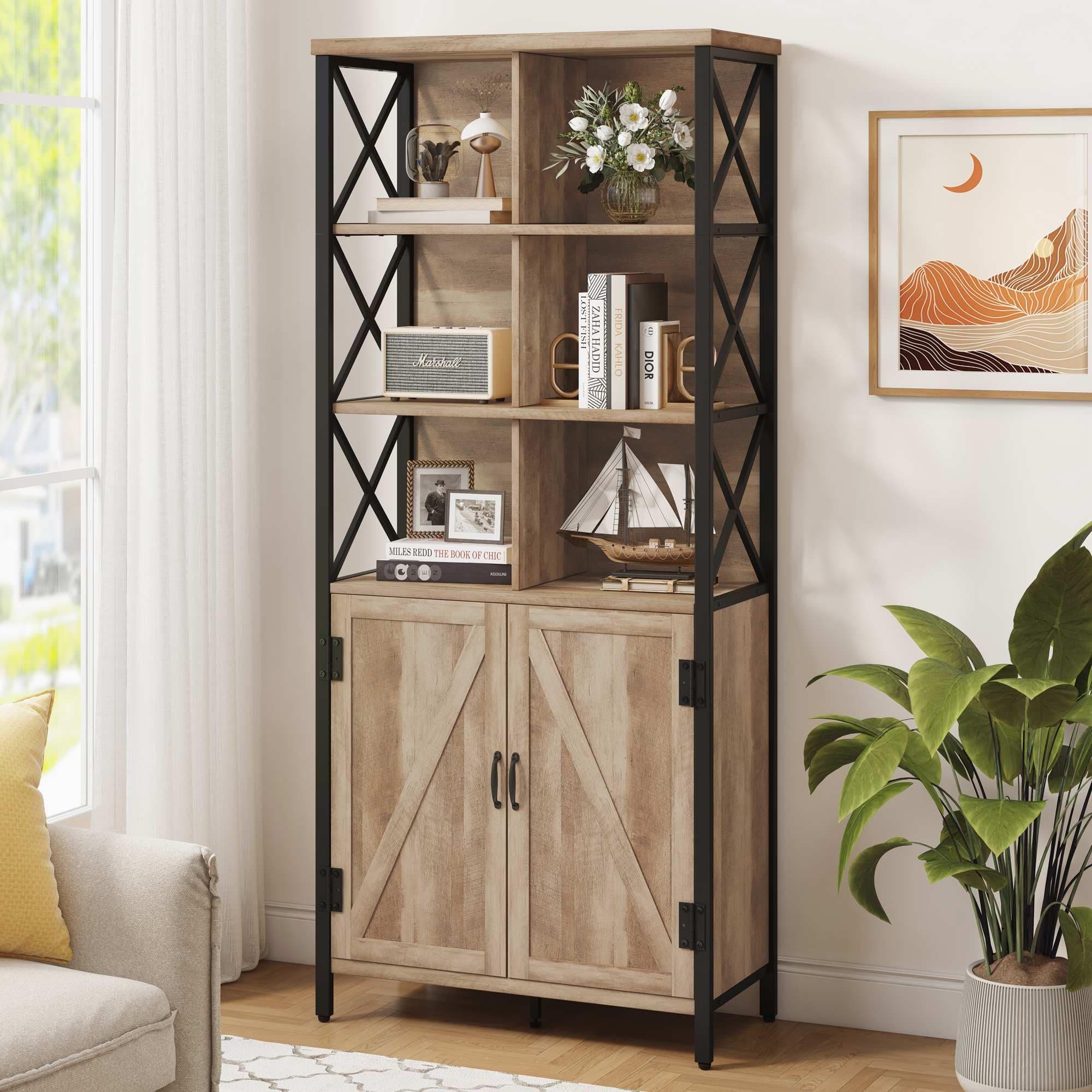FATORRI Rustic Oak Tall Bookshelf with Doors, 67" Industrial Farmhouse Storage Organizer