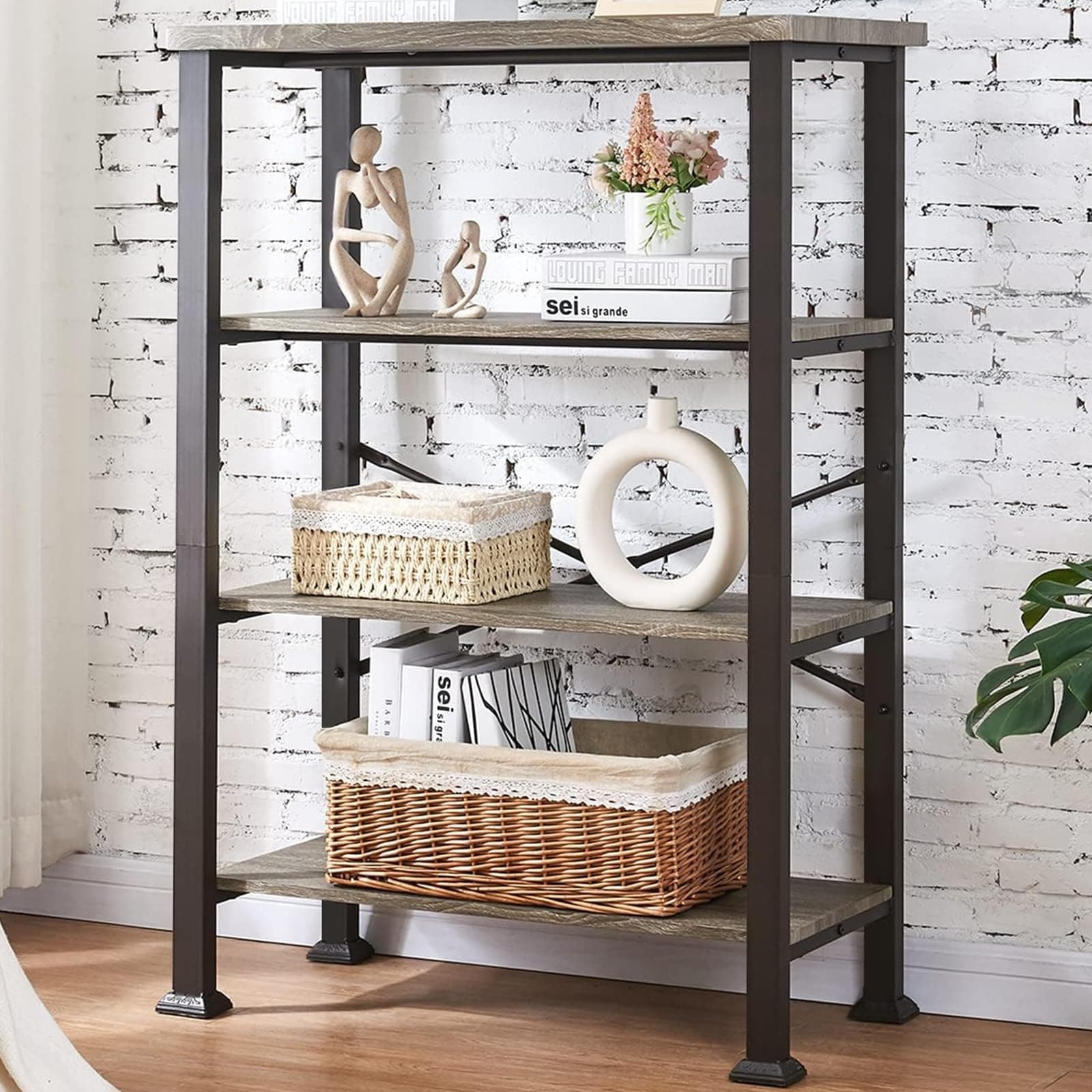 HOMBAZAAR Grey Industrial 4 Tier Bookshelf, Engineered Wood & Metal Deep Bookcases