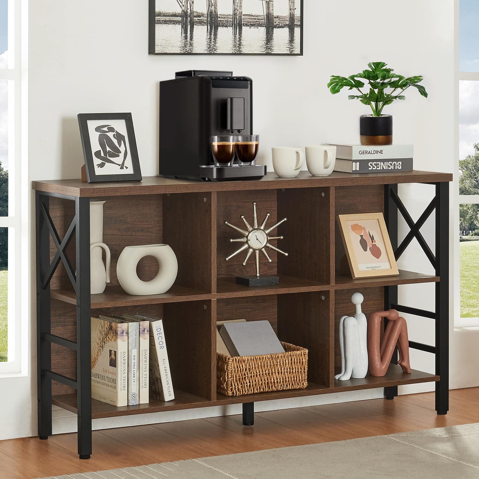 HOMBAZAAR Industrial Cube Storage Shelf, Brown, 6 Cubes, 3 Shelves