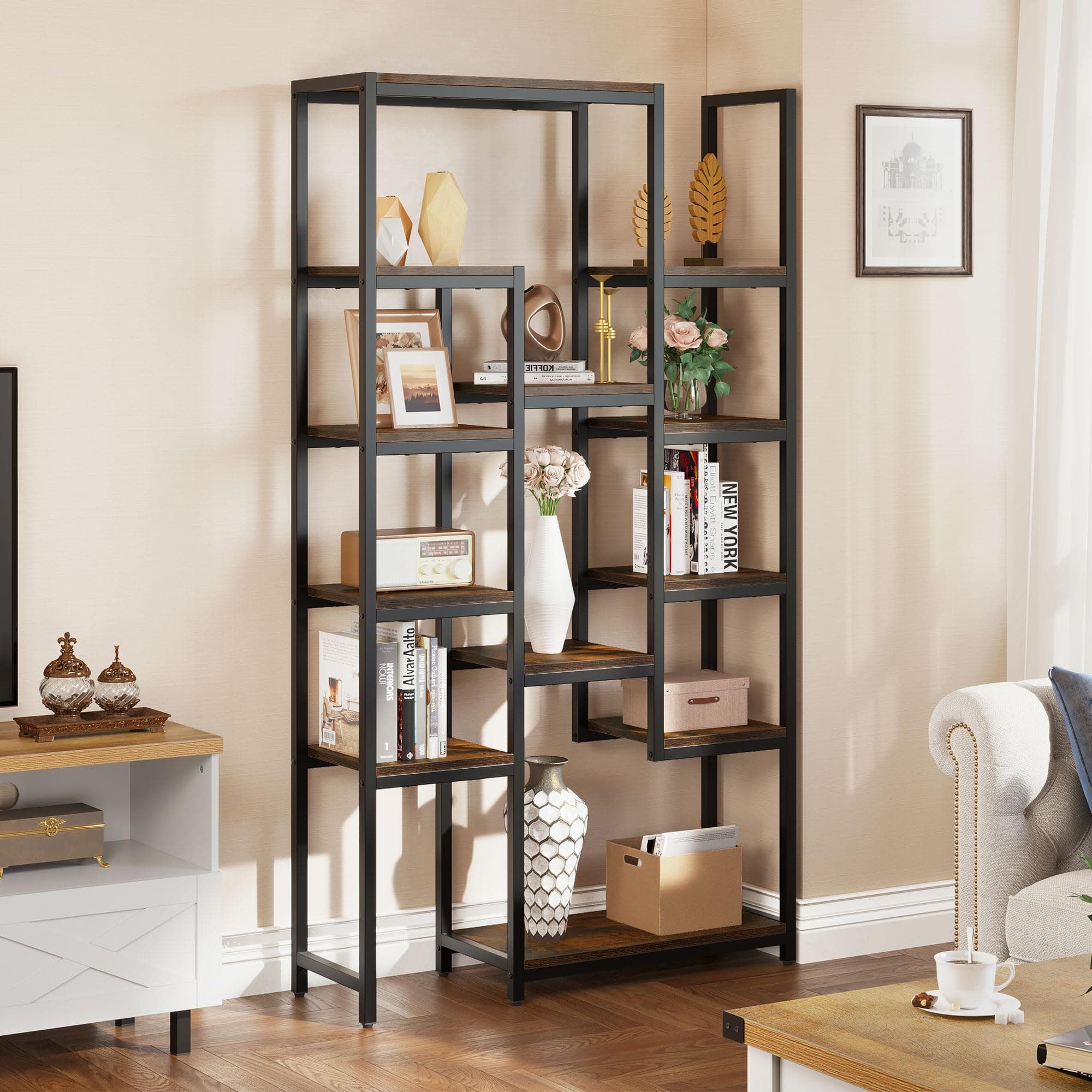 YITAHOME 71" Tall Rustic Brown Bookshelf with 12 Shelves for Living Room, Bedroom, Office