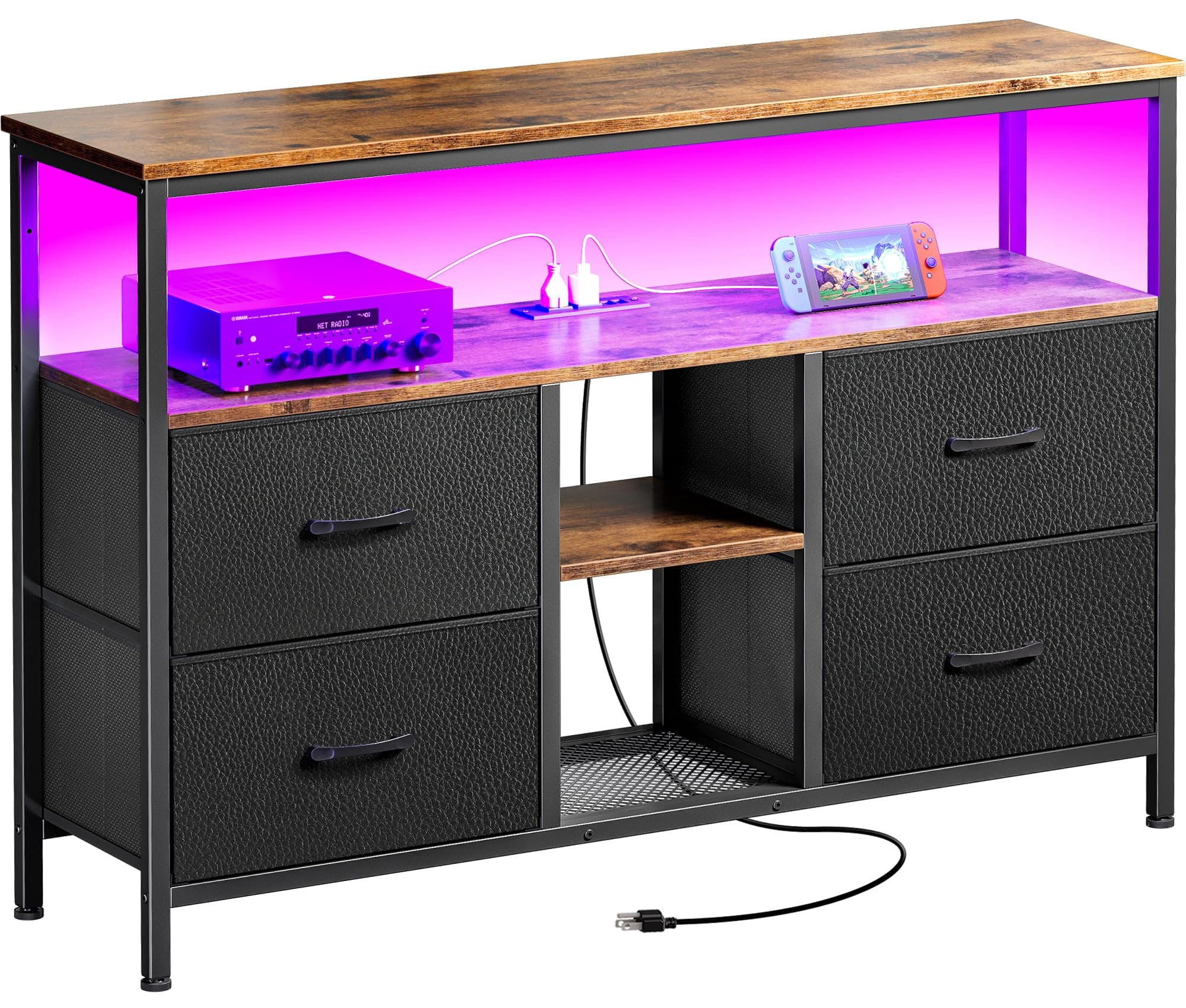 Rustic TV Stand Dresser with Power Outlets and LED Lights for 50 43 Inch TV