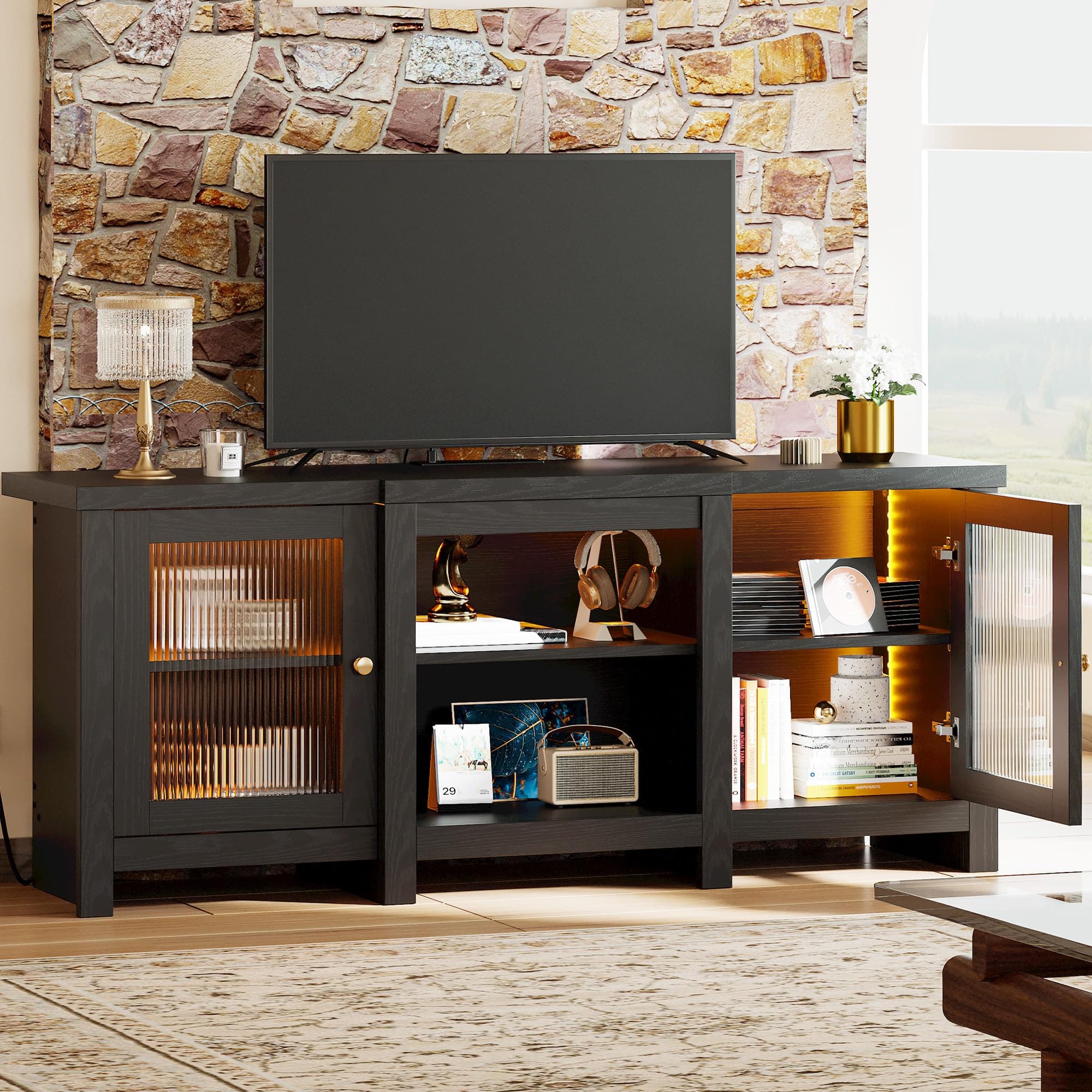 IRONCK 65 Inch TV Stand with Power Outlet and LED Light for Living Room/Bedroom, Black