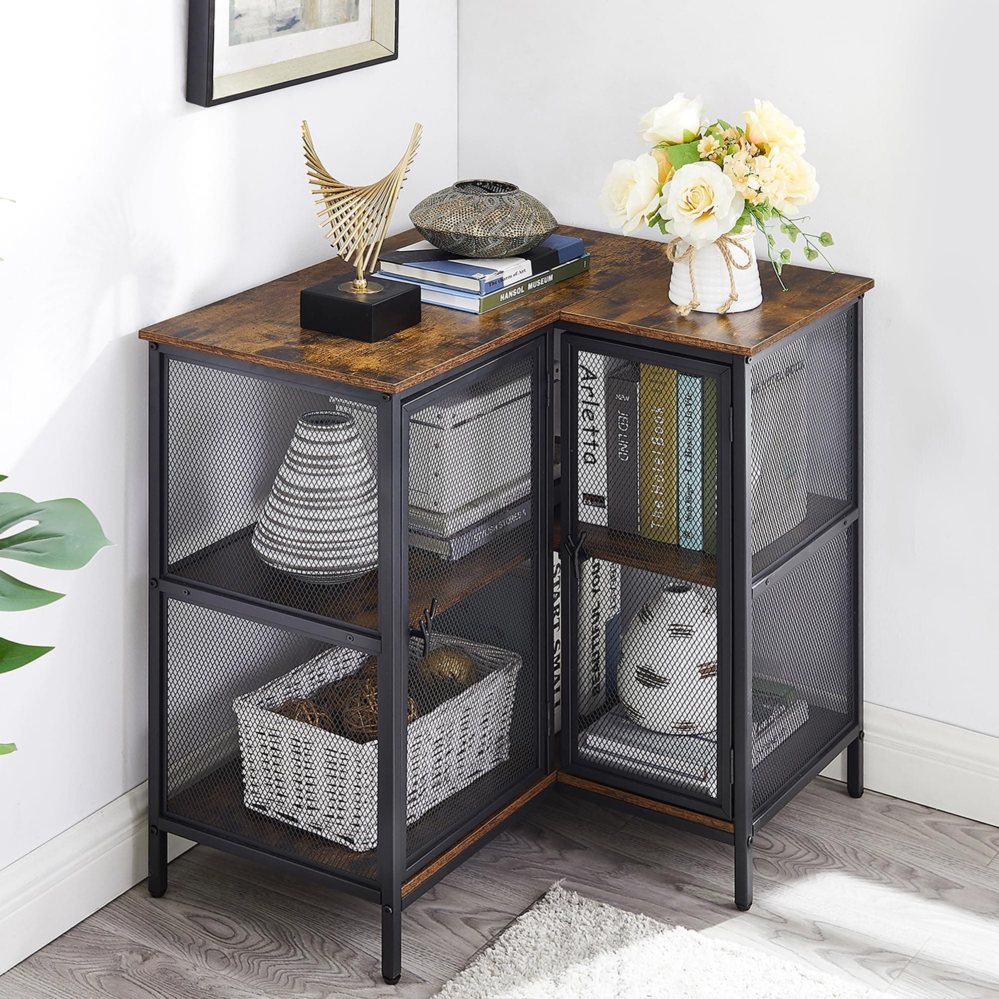 VECELO 3-Tier Corner Cabinet with Doors, Industrial TV Stand, Retro Brown