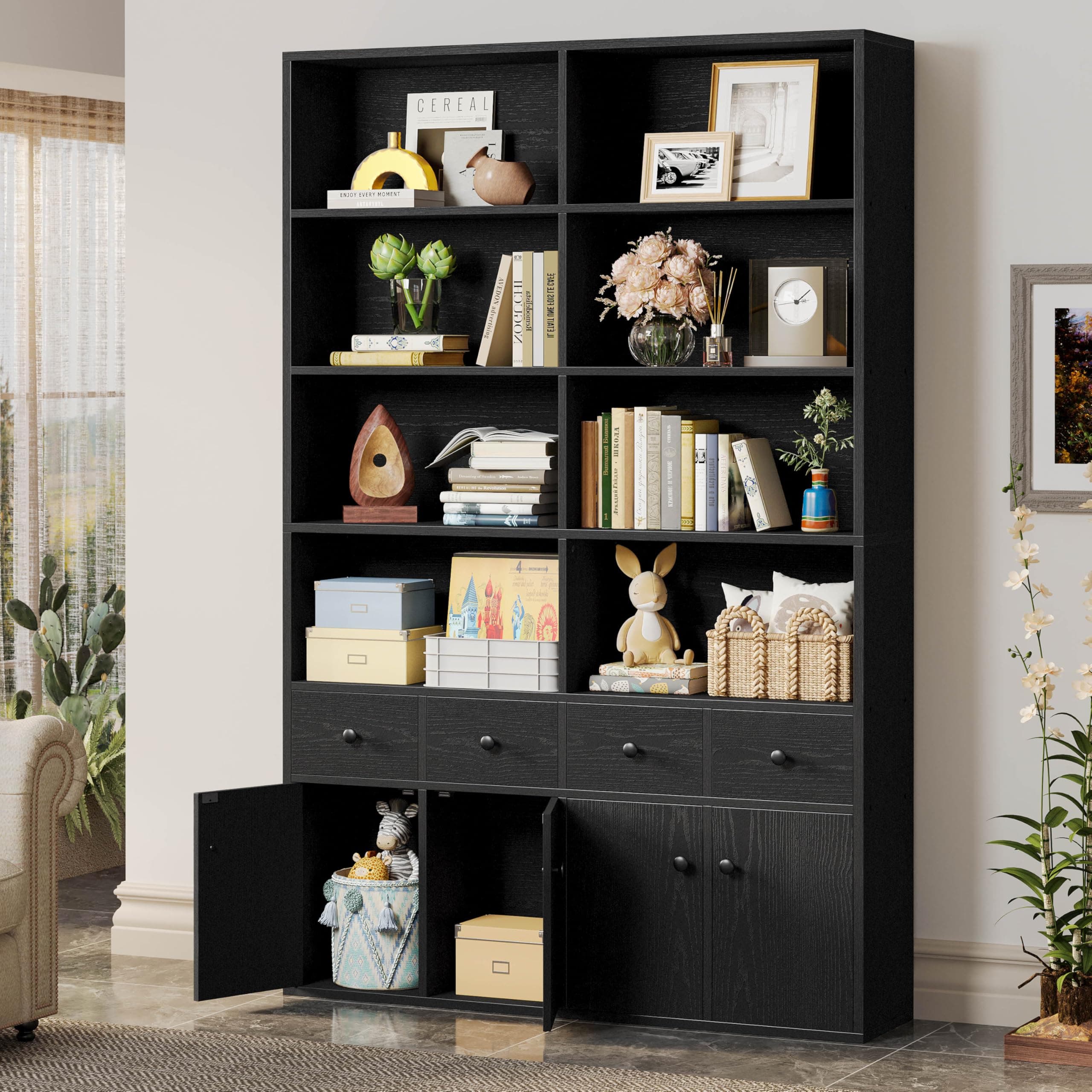 IRONCK Vintage Black Tall Storage Cabinet with 4 Drawers & 4 Doors, 6 Tier Bookshelf for Living Room