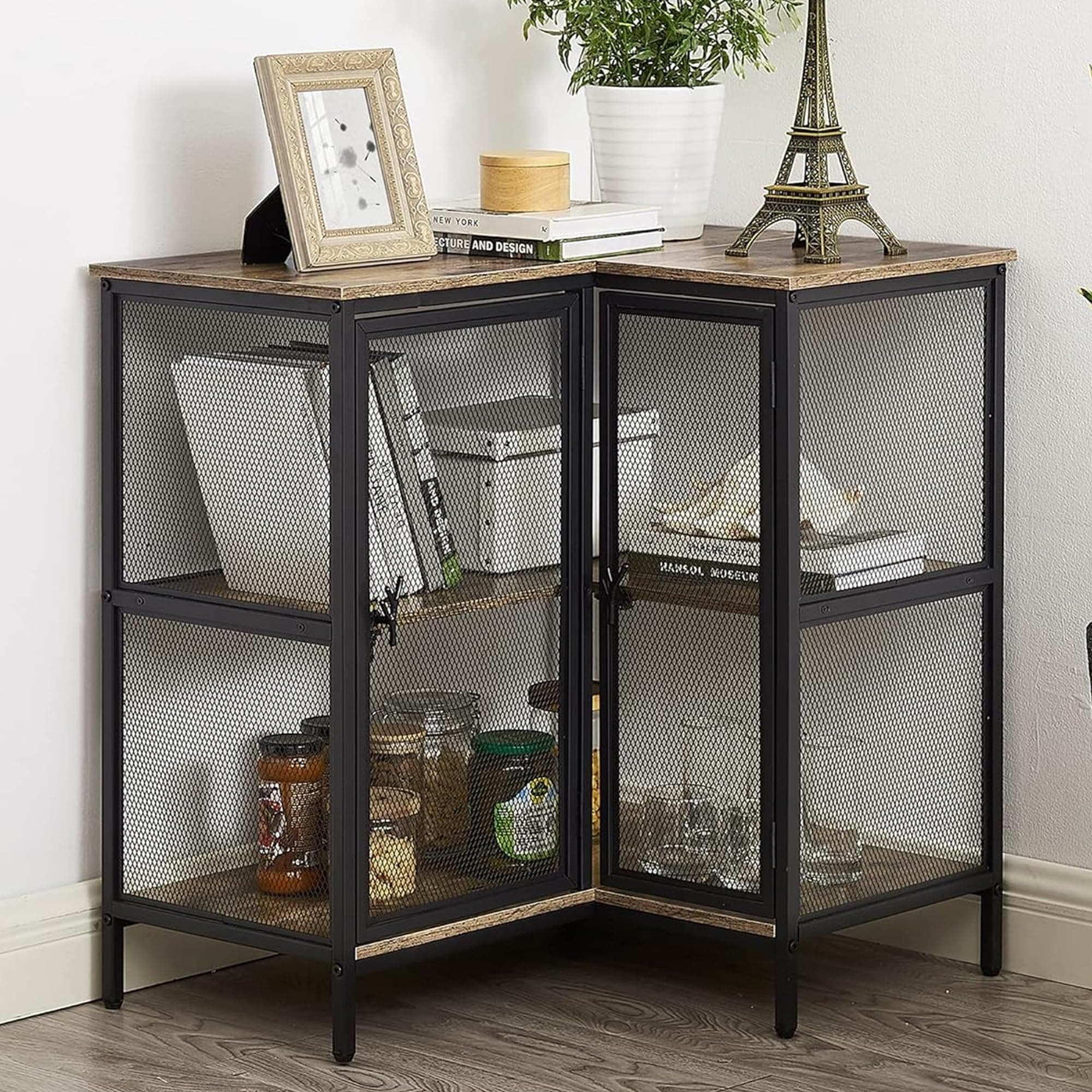 VECELO 3-Tier Corner Cabinet, Oak Grey, Industrial Style TV Stand