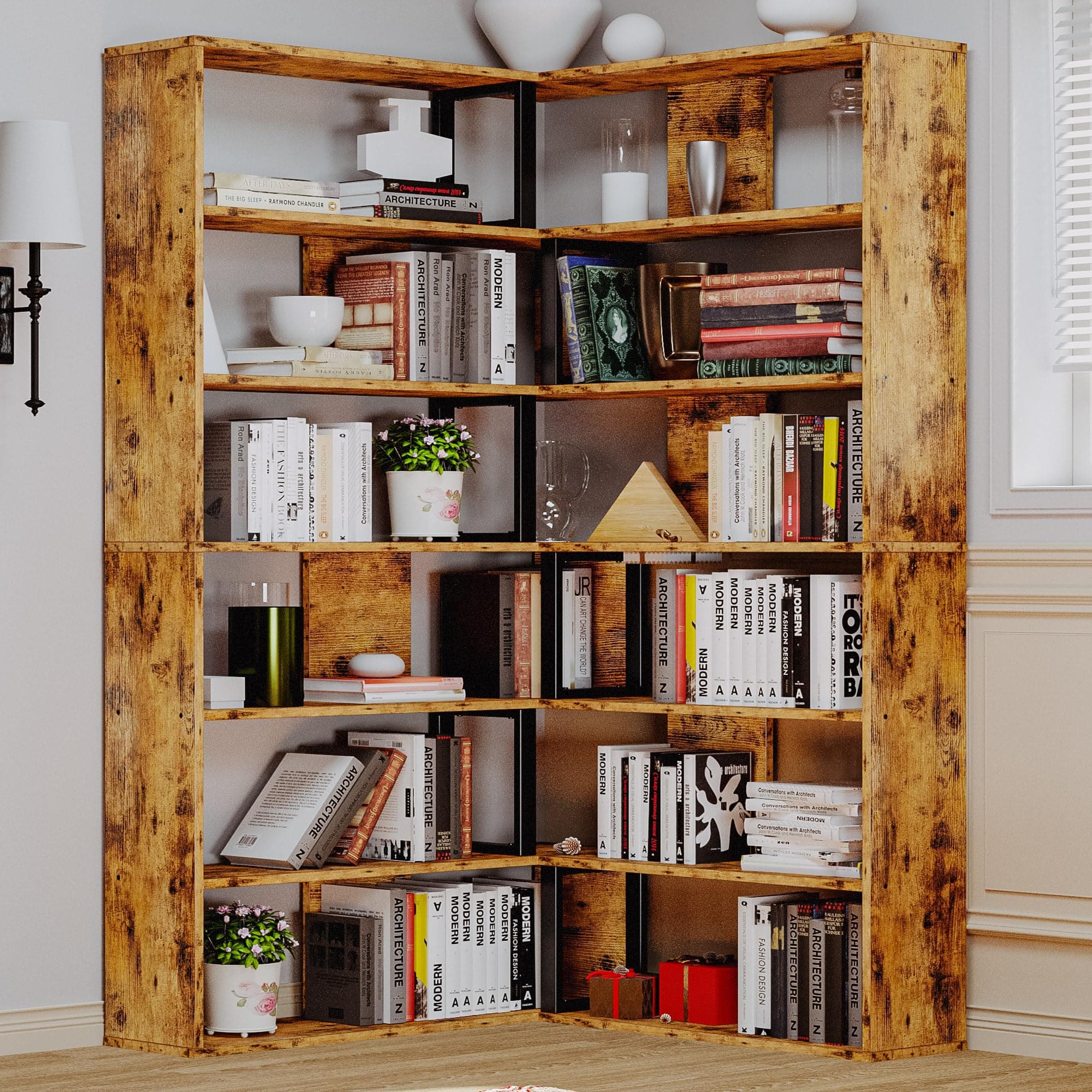 IRONCK 6-Tier Industrial Brown Corner Bookshelves for Home Office and Living Room
