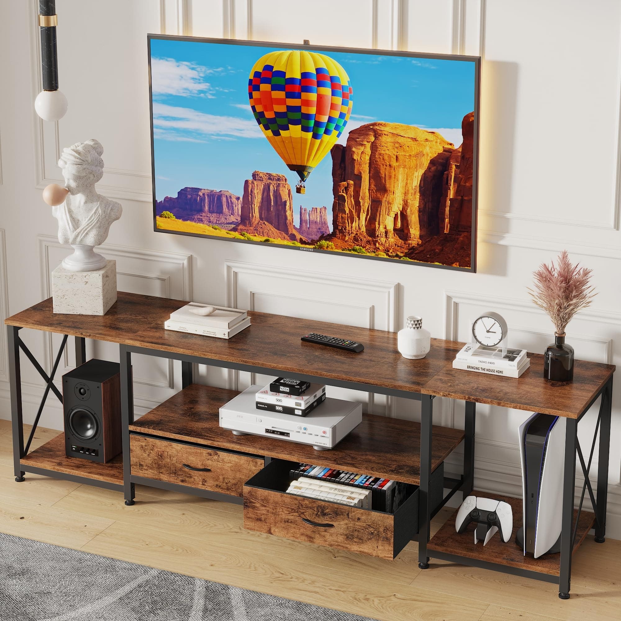 Rustic Brown TV Stand with Fabric Drawers for 65-75 Inch TVs - Entertainment Center with Open Storage Shelves for Living Room and Bedroom