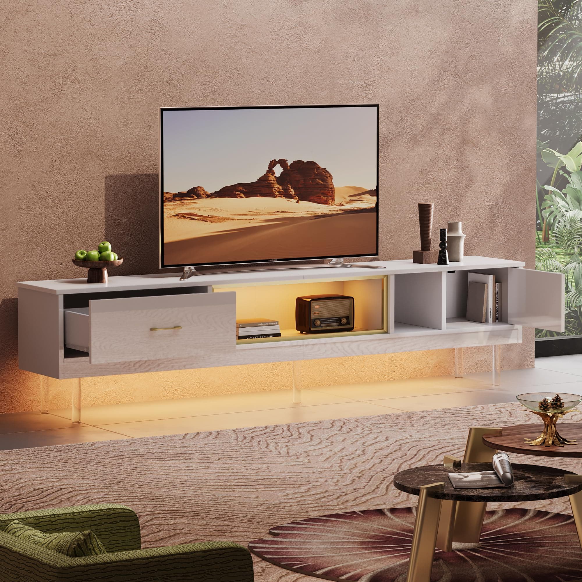 Modern TV Stand for 85 inch TV with Storage Drawer & Cabinets in White Gold
