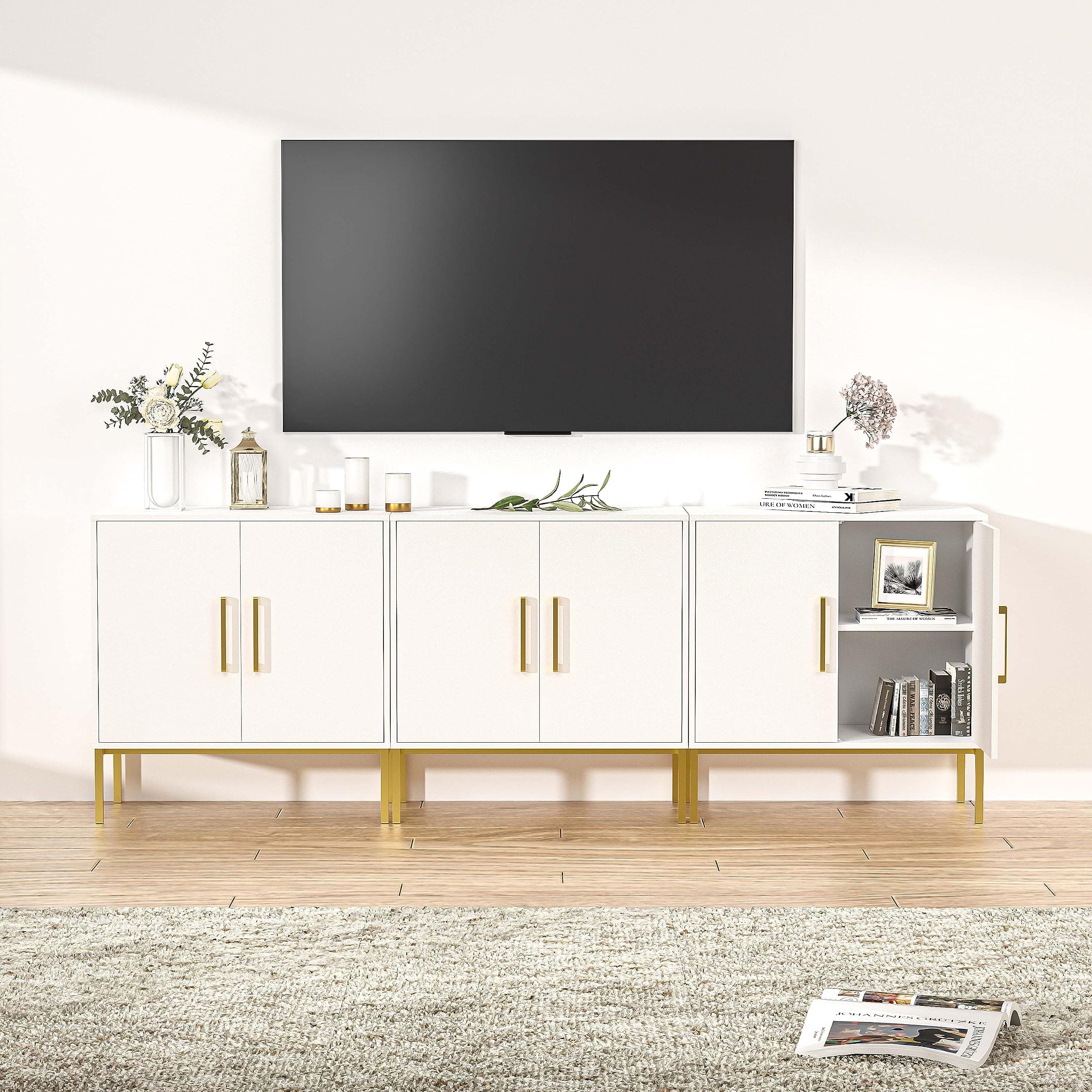 LYNSOM 85 Inch TV Stand with 3 Cabinets for Living Room (White)