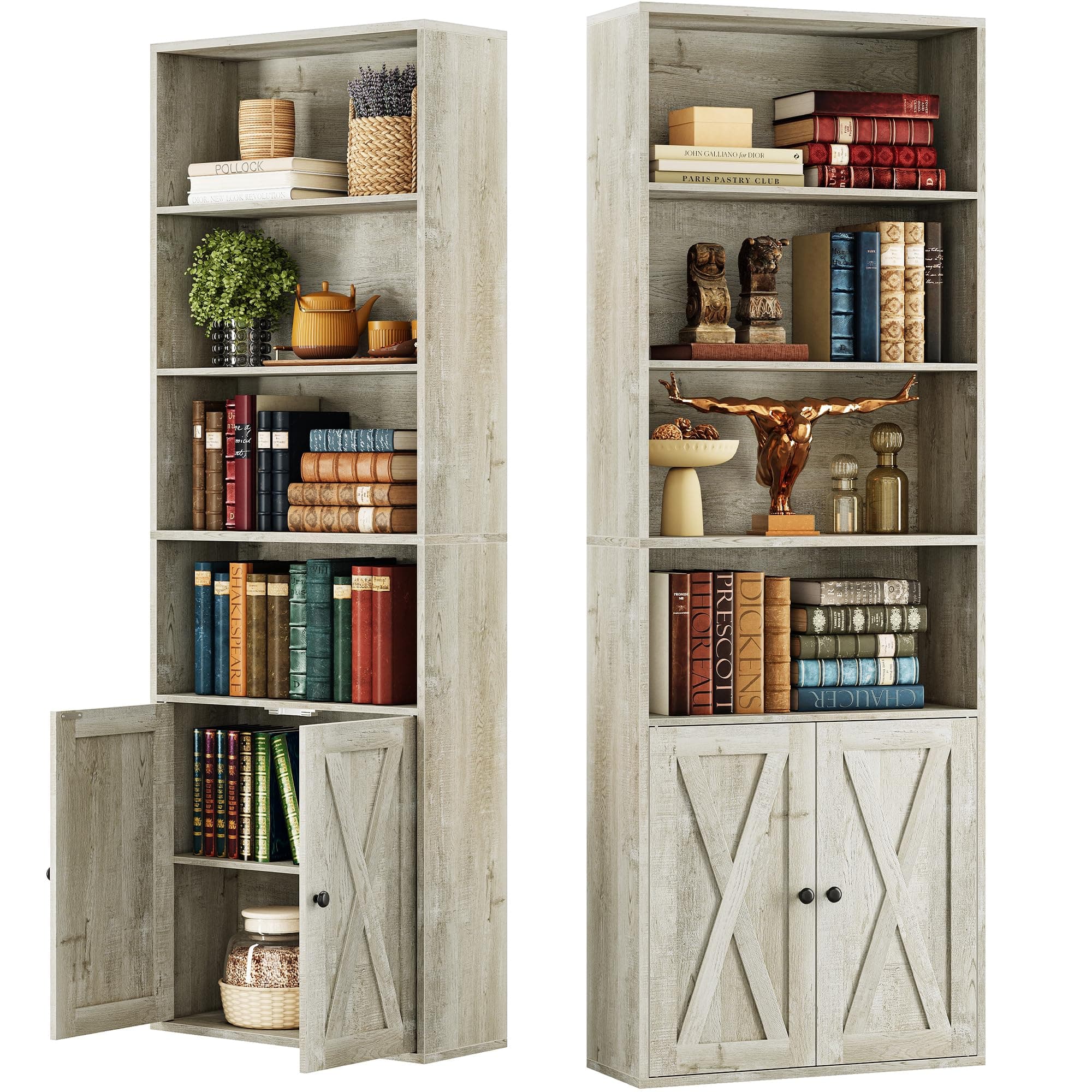IRONCK 2pcs 6- Shelf Tall Bookcase with Doors for Home Office and Living Room