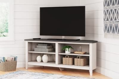 Signature Design by Ashley Modern Corner TV Stand, 4 Shelves, Up to 58" TVs, Whitewash & Gray