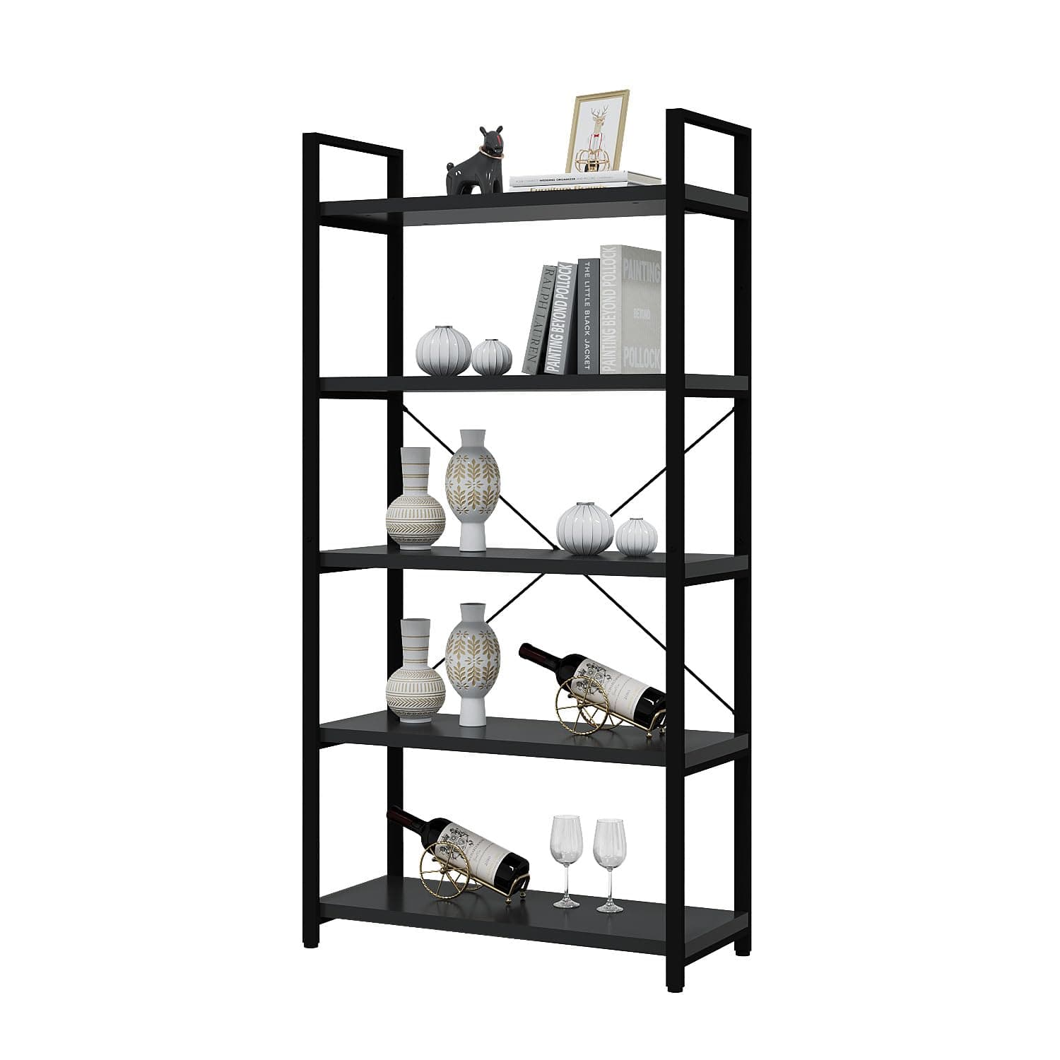 Modern Tall Bookshelf with Large Storage - 5 Tier Bookcase for Bedroom, Living Room, and Office - Black Shelf for Books and Plants.