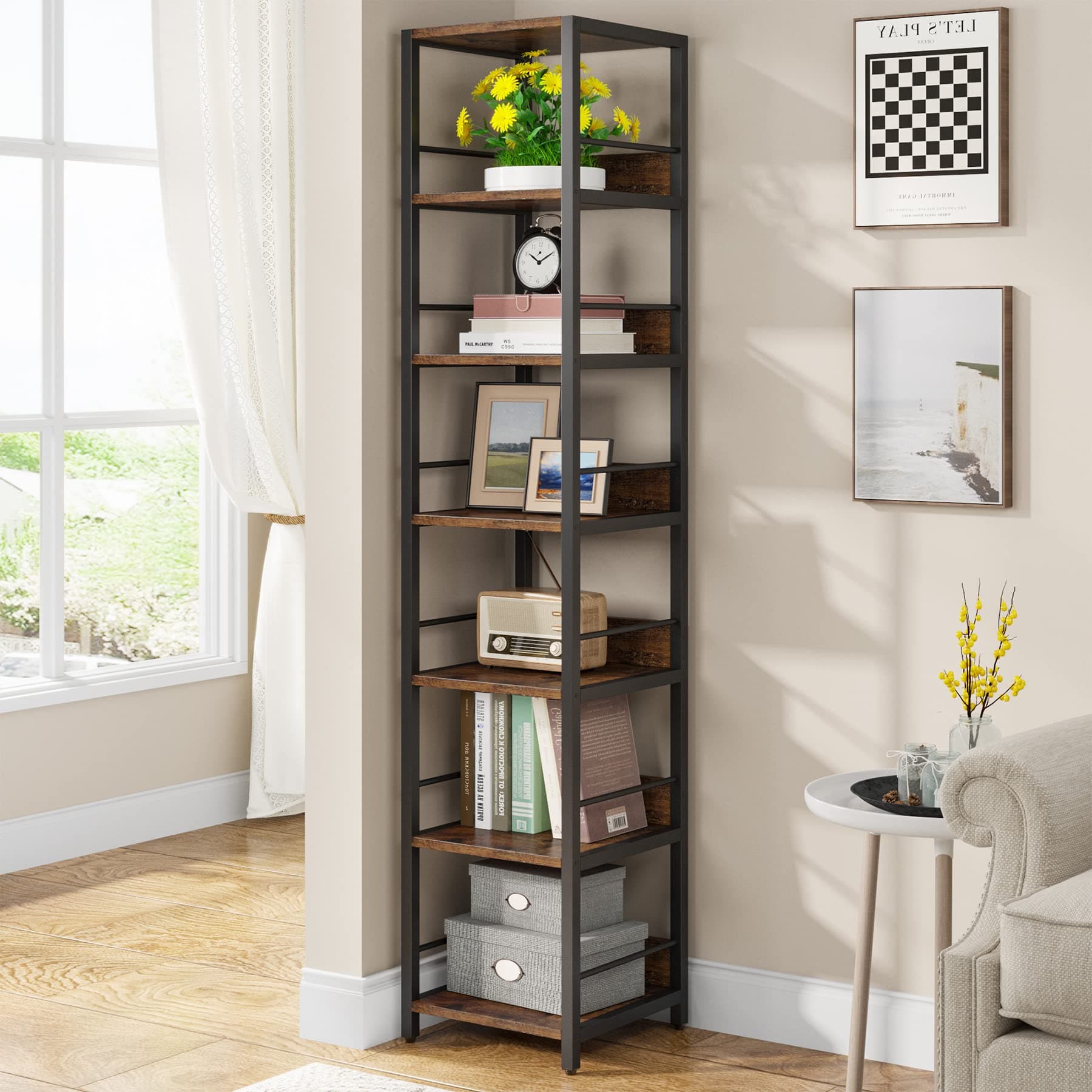 Tribesigns 6-Tier Corner Bookshelf, 75 Inch Tall, Rustic Open Shelf Tower for Living Room & Bathroom Storage
