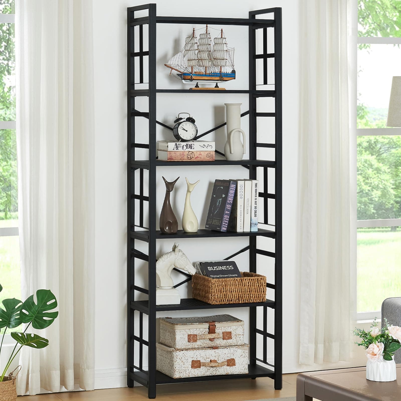 HOMBAZAAR 70 Inch Tall Rustic Metal Bookcase, 6 Tier Office Shelves for Living Room & Bedroom, Black