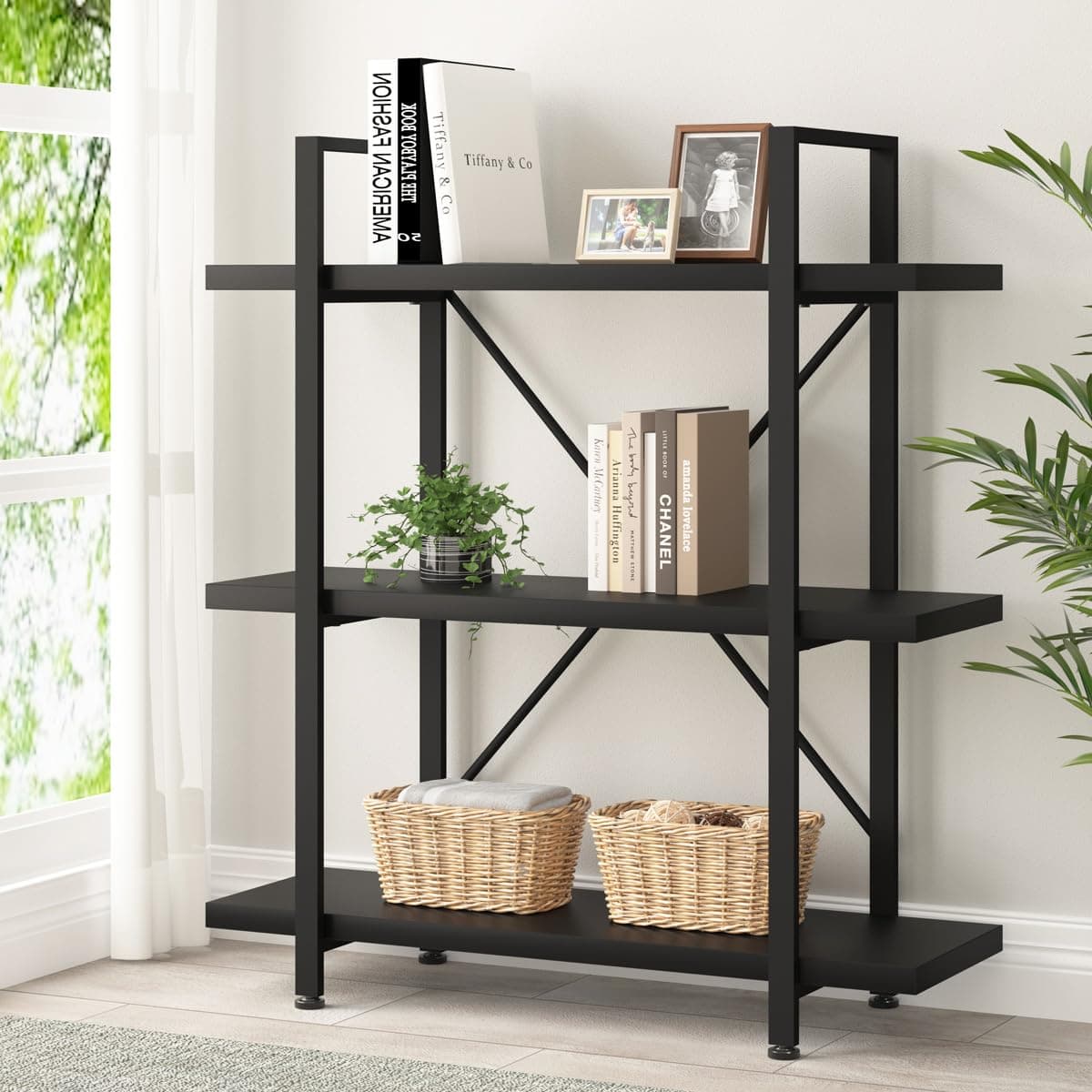 Modern 3 Tier Black Bookshelf - Industrial Metal Wooden Storage Shelf