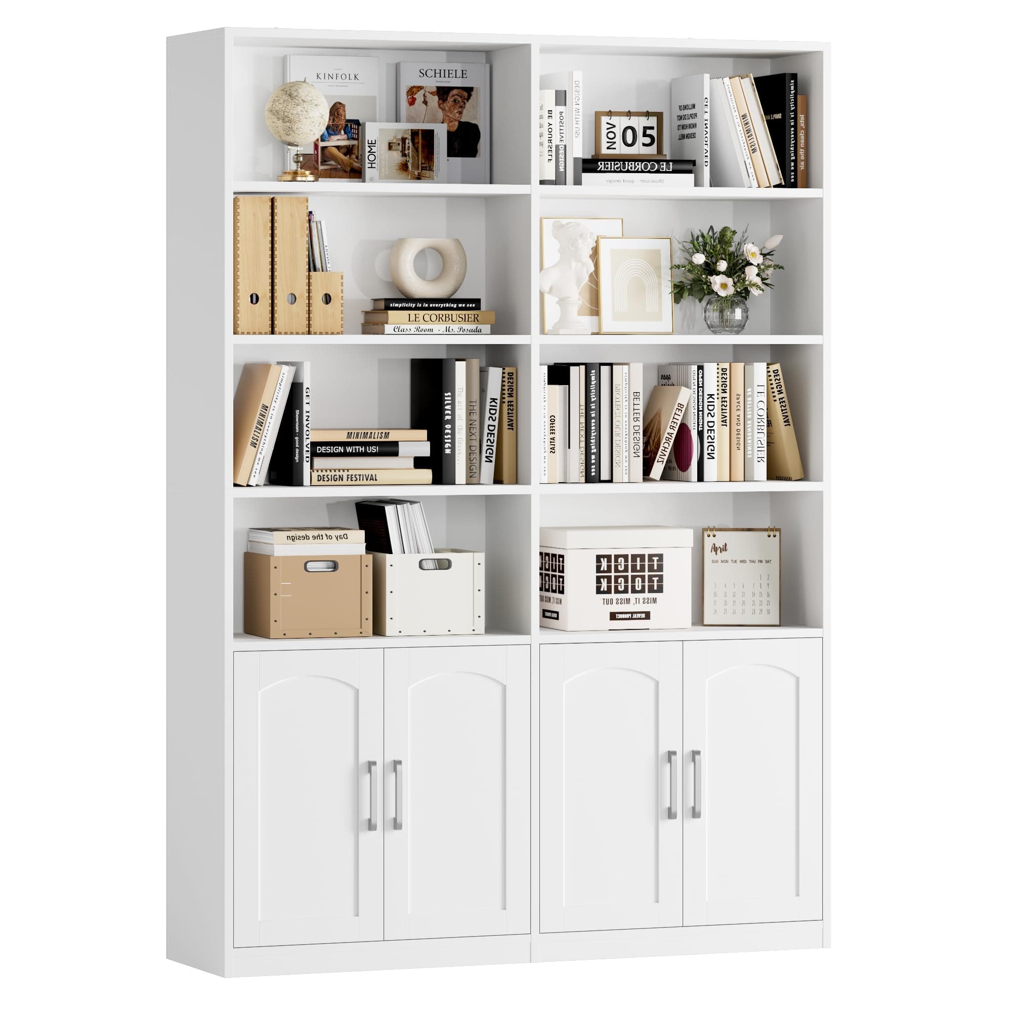 Double Wide 6 Tier White Bookshelf with Doors & Storage Cabinets for Home Office